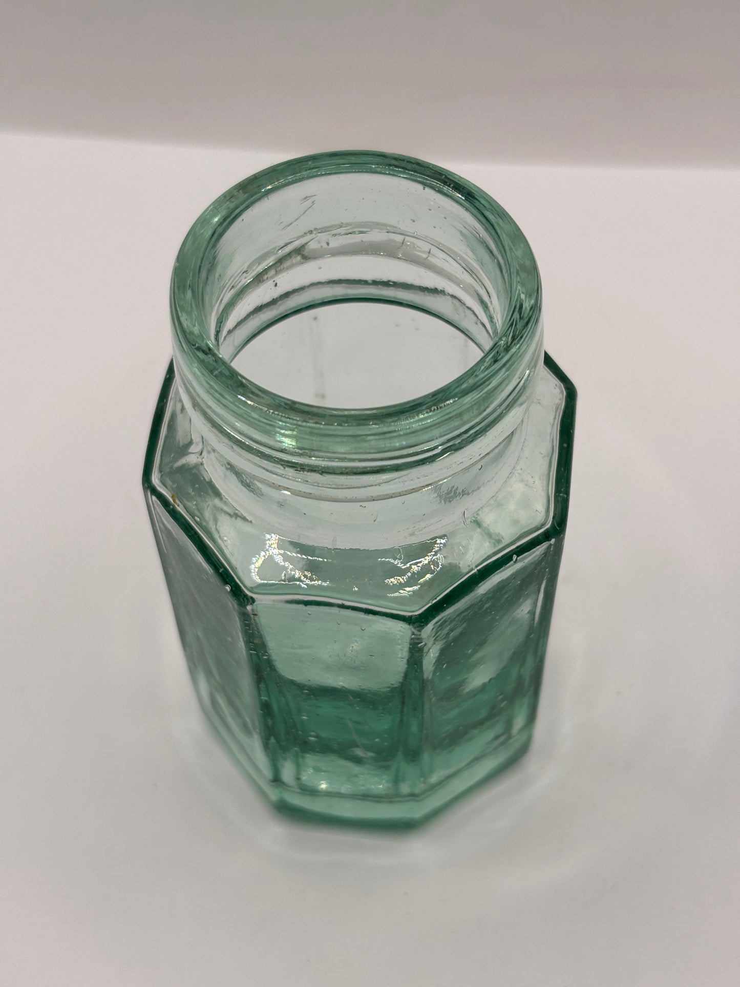Old aqua glass mini pickle jar 11cms
