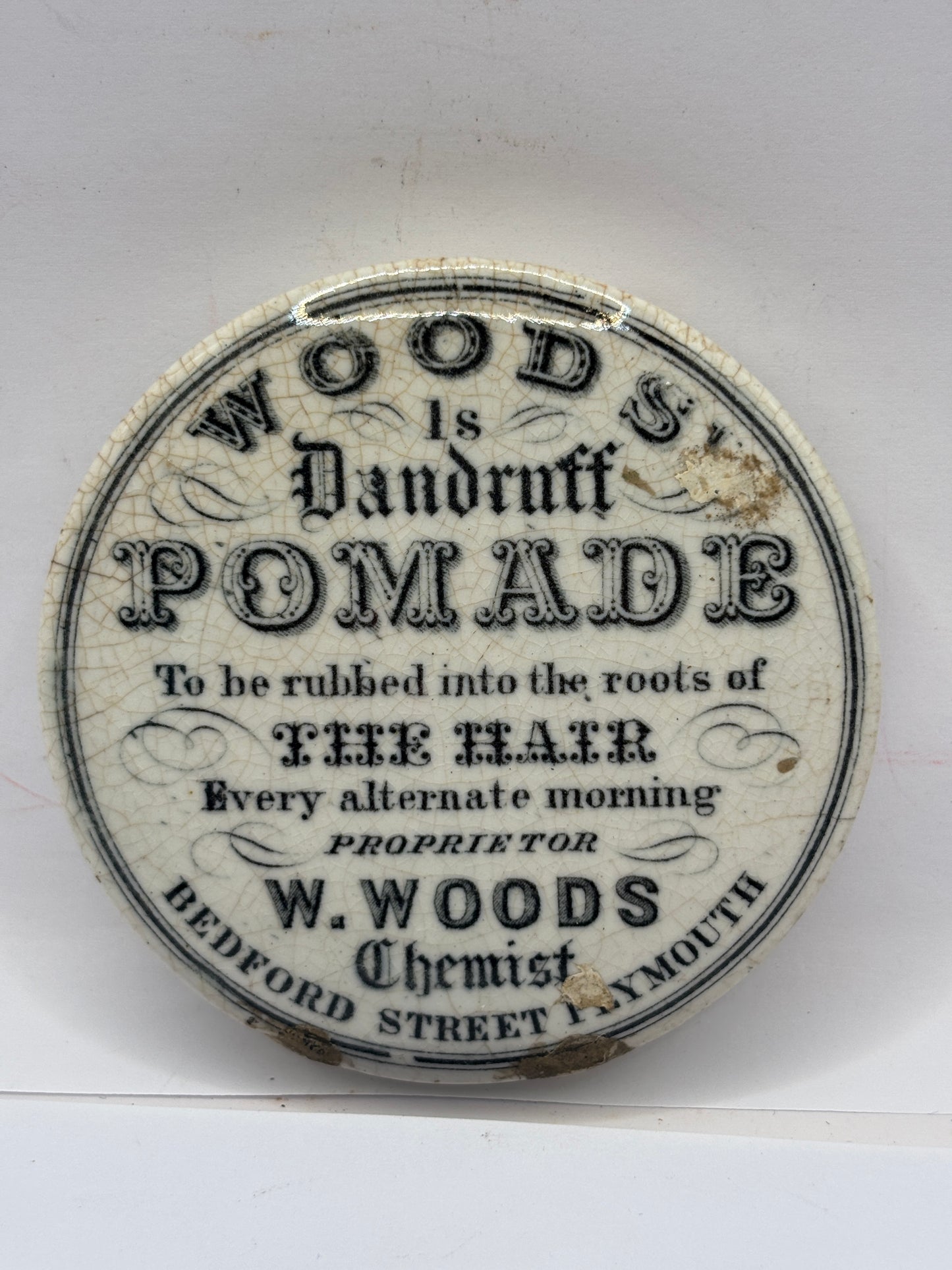 Old advertising lid, Woods dandruff pomade. Repaired