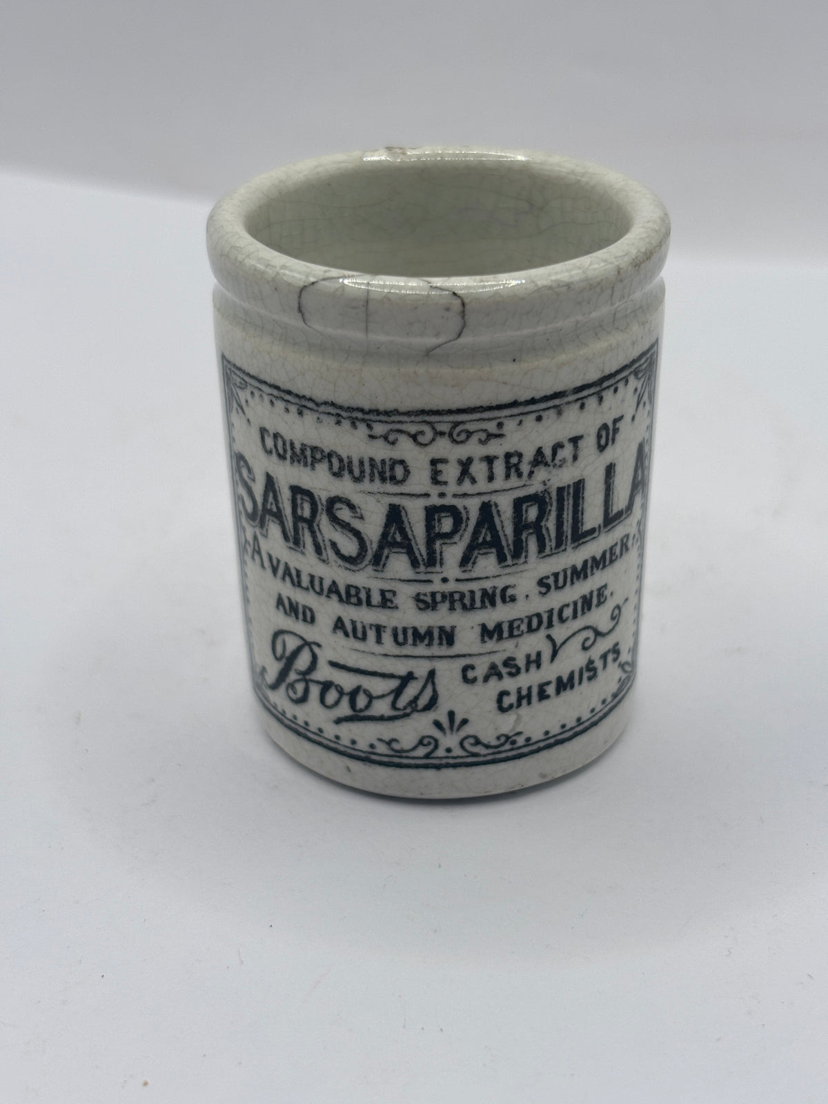 Old small advertising jar, Boots cash chemists, Sarsaparilla