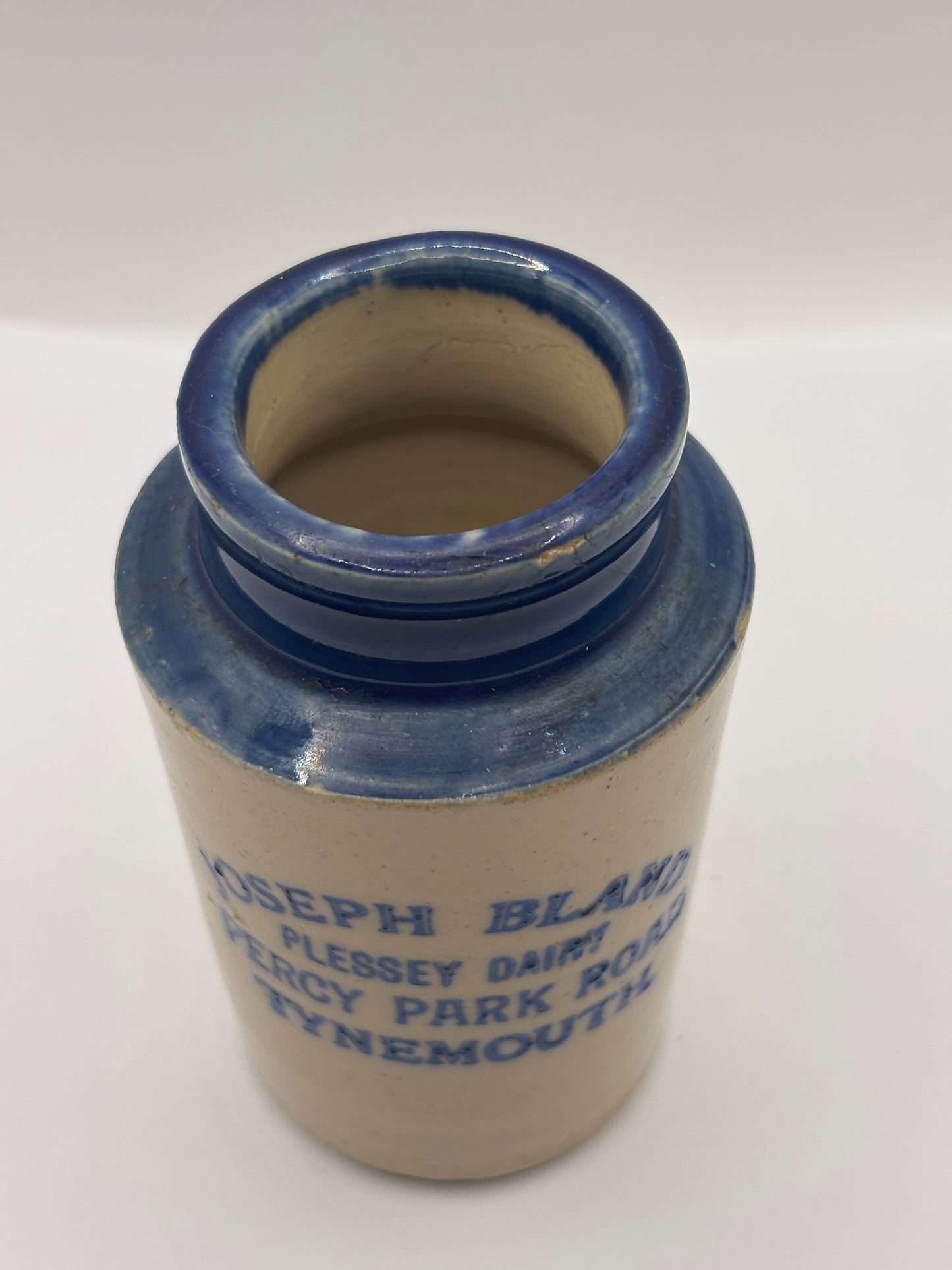 Old blue top advertising cream pot, Joseph Bland Plessey Dairy. Tynemouth