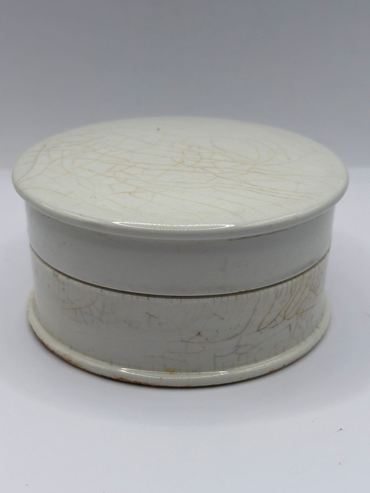 Old plain stoneware lidded pot, pot lid and base