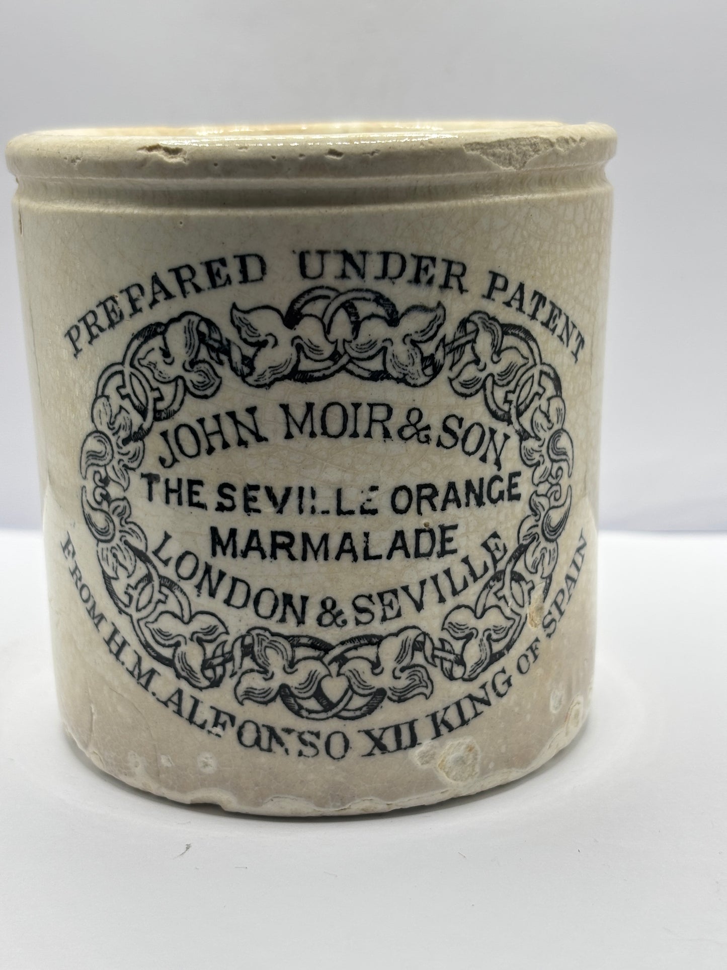 Rare John moir advertising marmalade jar, Pure orange marmalade. Damaged