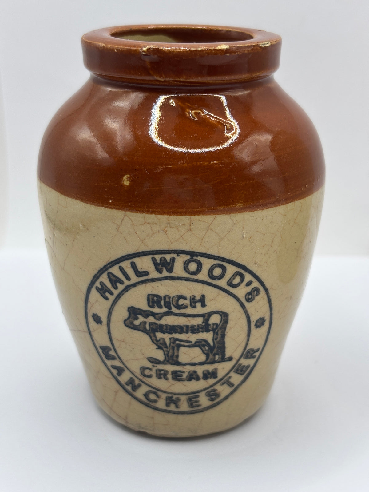 Old advertising cream pot, Hailwoods rich cream. Damaged