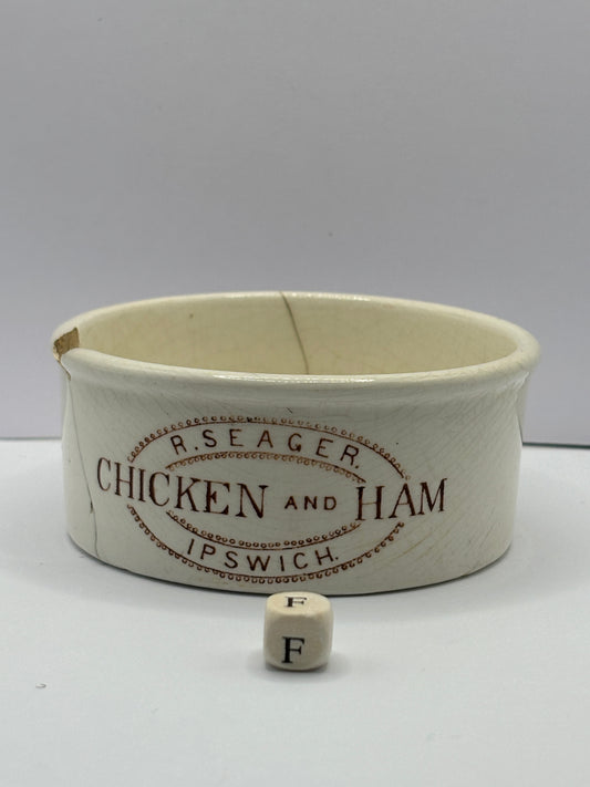 Seager chicken & ham advertising pot. Damaged