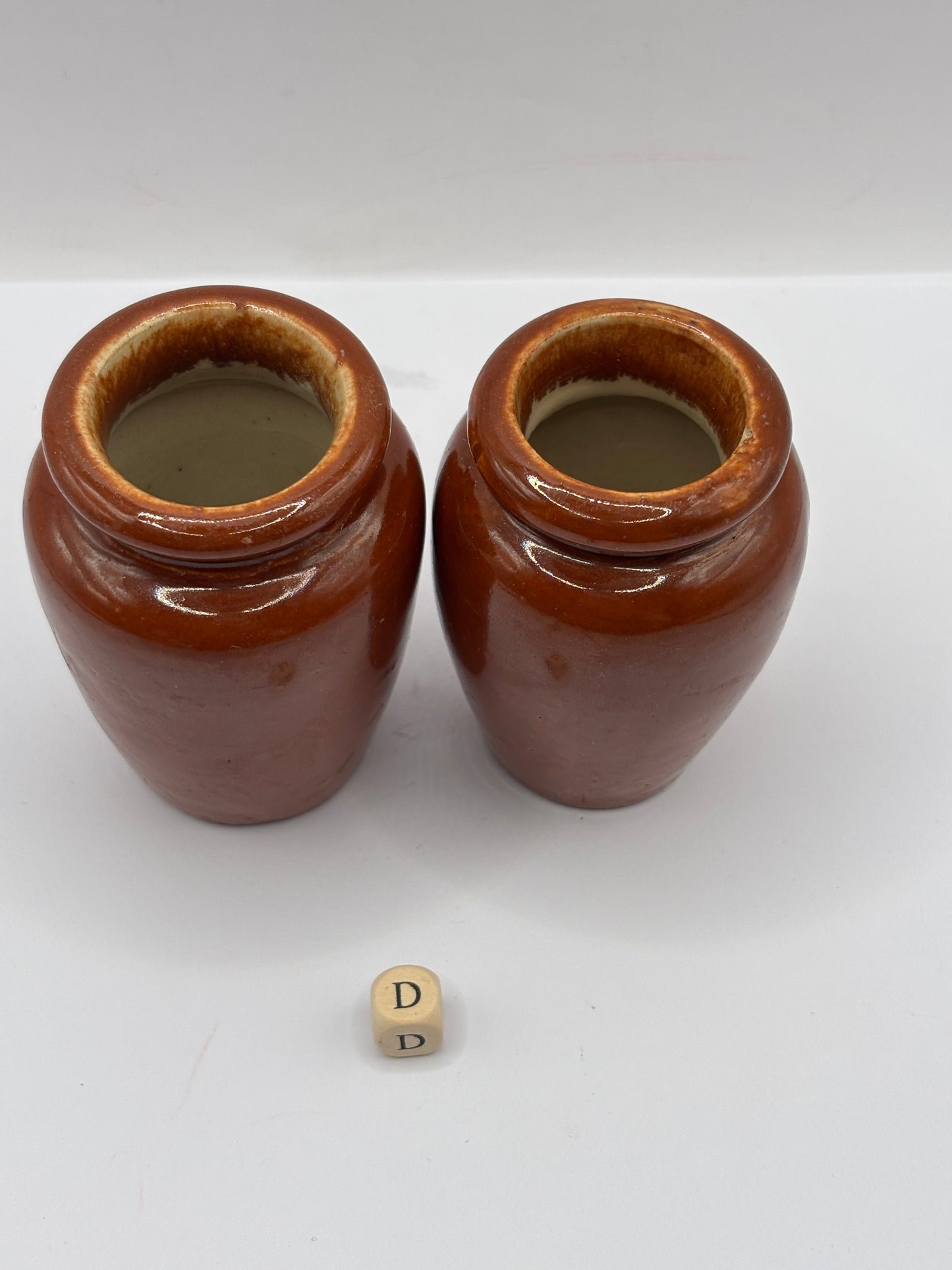 2 old small brown stoneware cream pots (D)