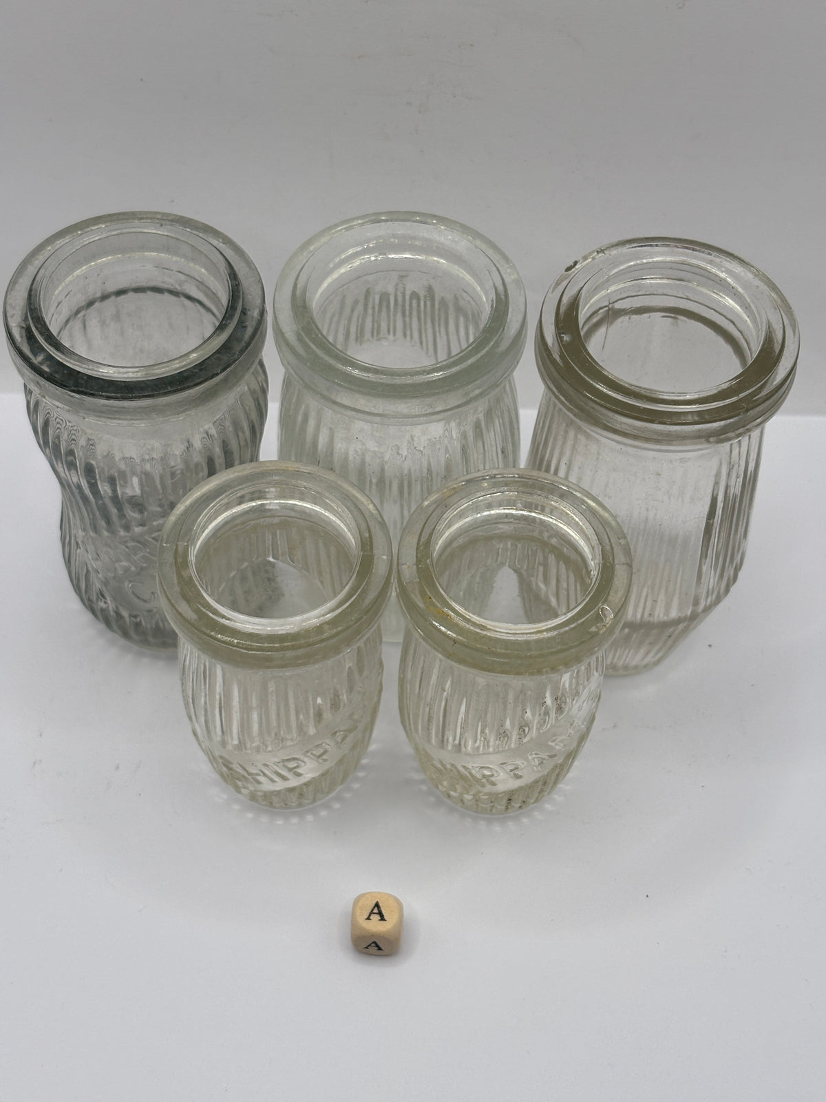 5 old clear glass meat paste jars (a)