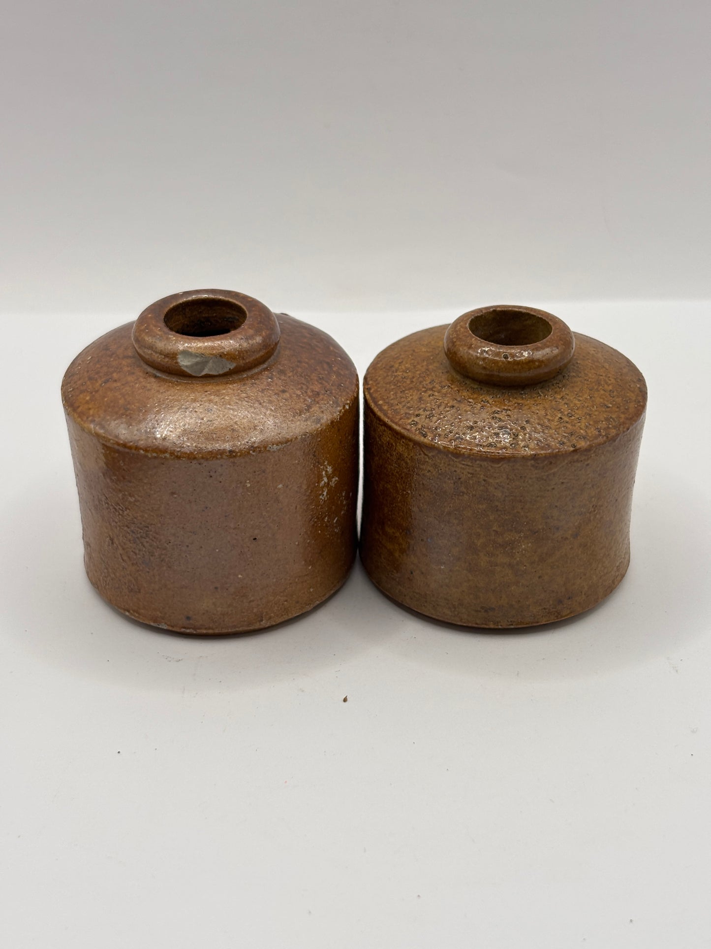 2 old stoneware inkwells, pork pie inks