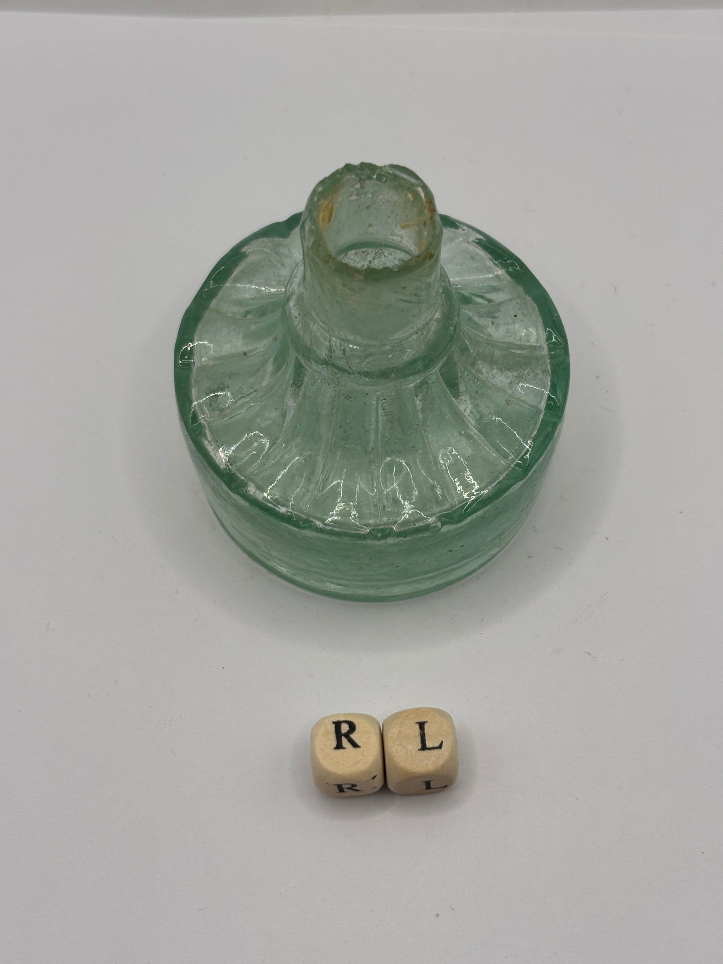 Old aqua glass tent ink, ink bottle. Inkwell (RL) diamond registration to base. Circus tent ink