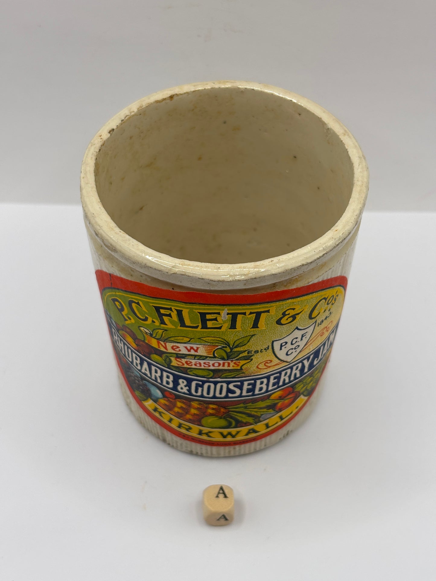 Old 1lb stoneware jam pot with added label (a)
