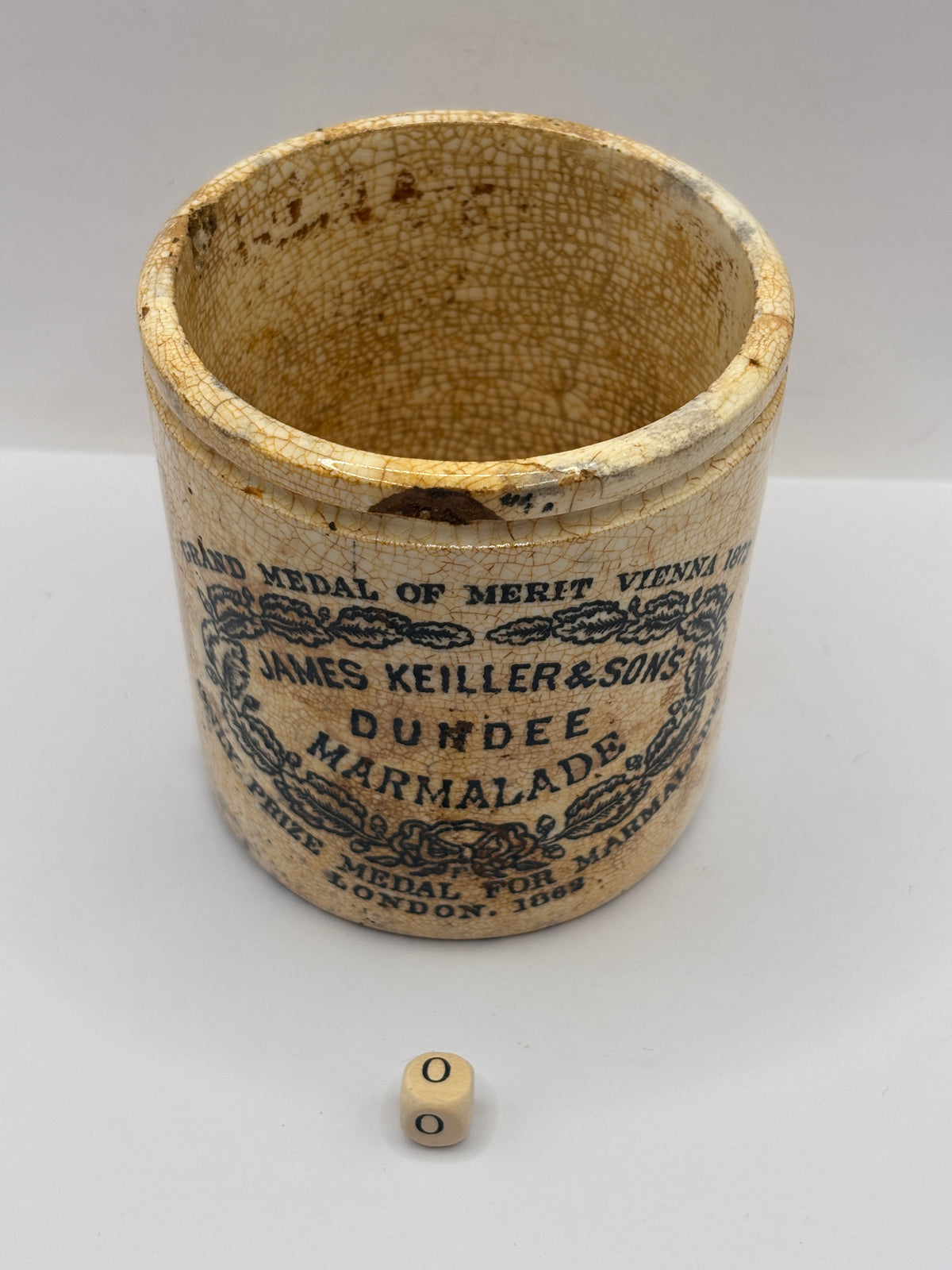 Old 1lb stoneware marmalade pot, James Keiller Dundee marmalade (o)