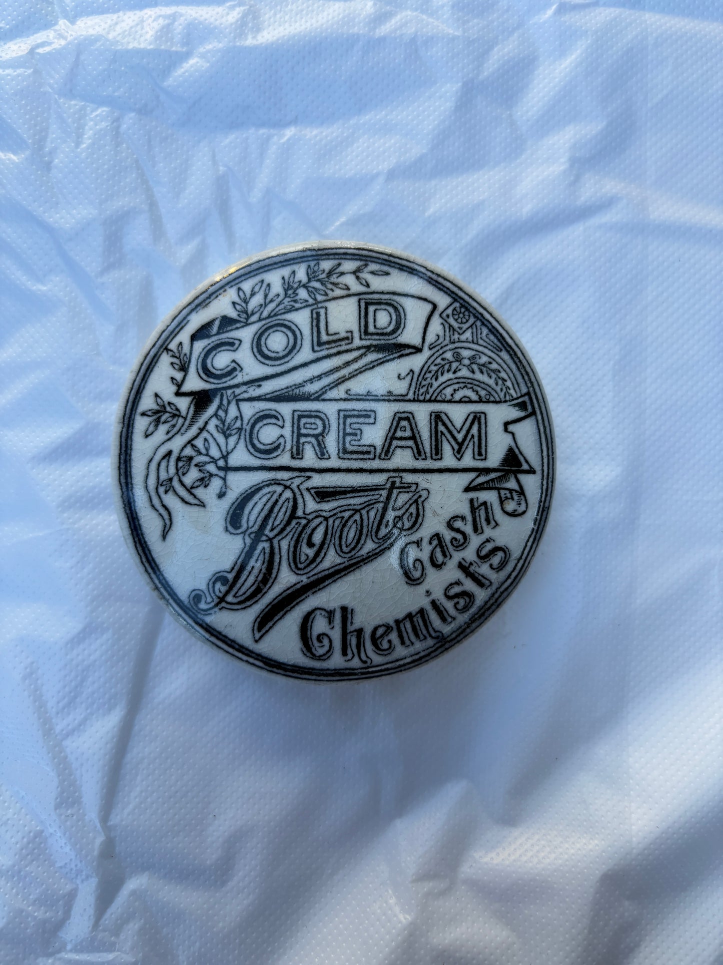 Old Boots cash chemist advertising lid, cold cream pot lid