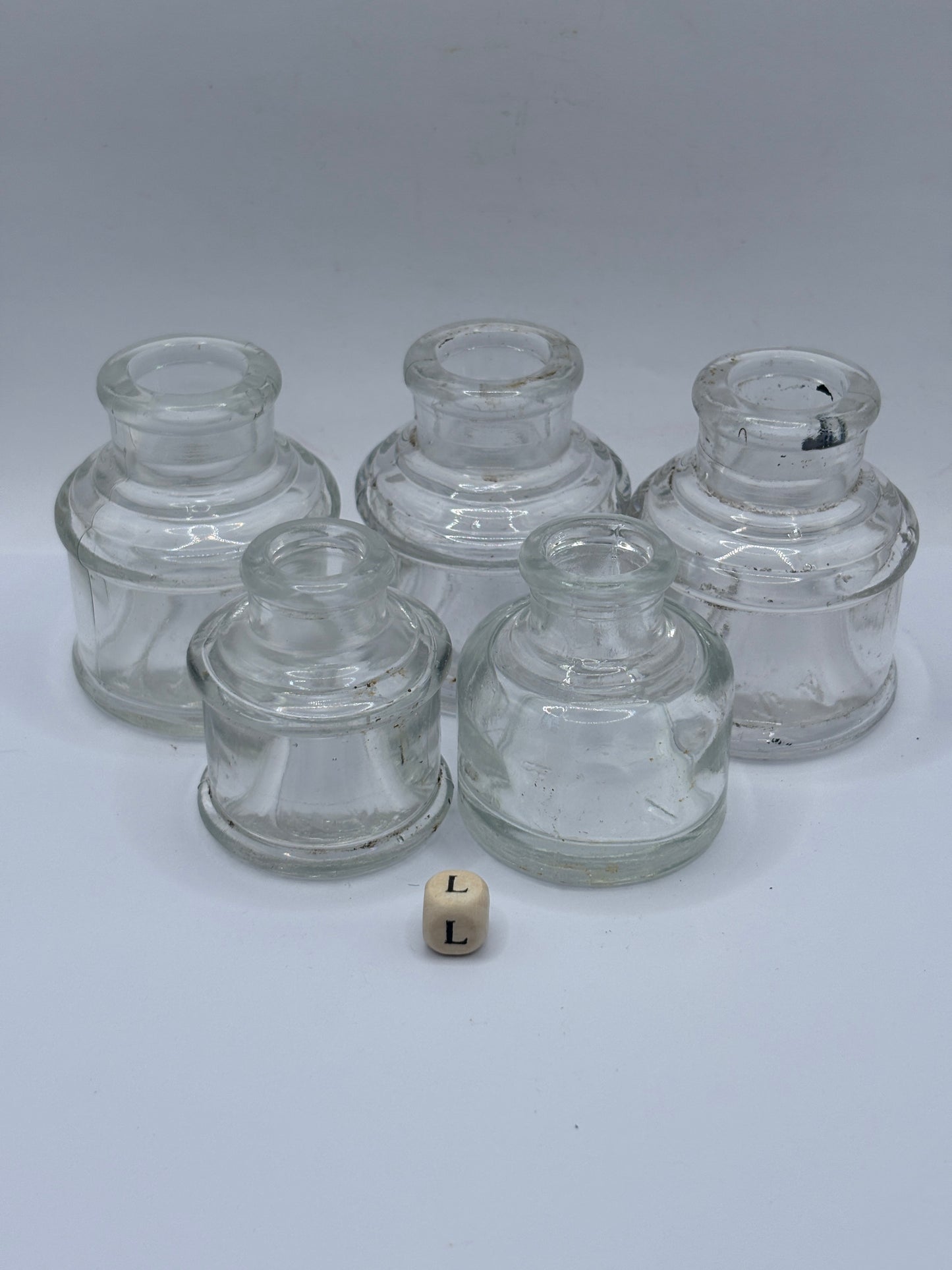 5 old clear glass inks, inkwells, ink bottles