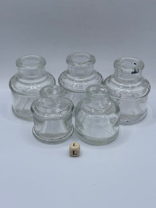 5 old clear glass inks, inkwells, ink bottles