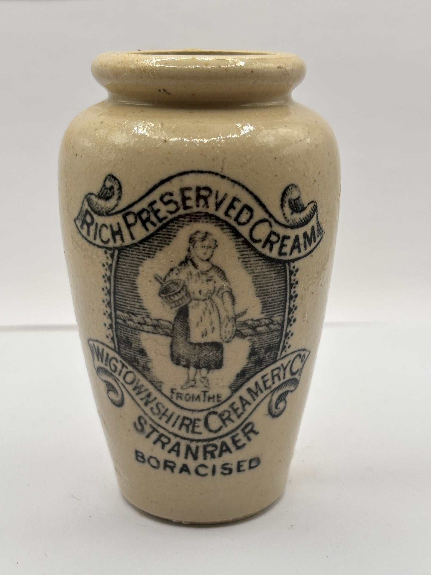 Old stoneware advertising cream pot, pure fresh cream Stranraer. Milk maid