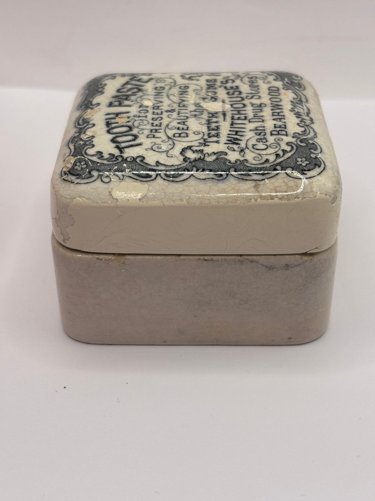 Old advertising lid and base. Whitehouses drug stores bearwood “toothpaste” repaired