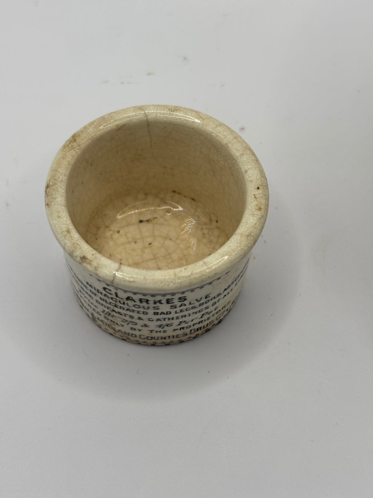 Old advertising ointment pot, clarkes miraculous salve ointment