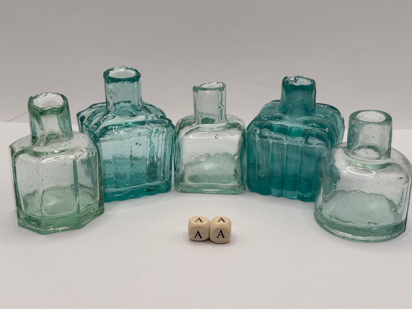 5 old aqua glass inks, inkwells, ink bottles (AA)
