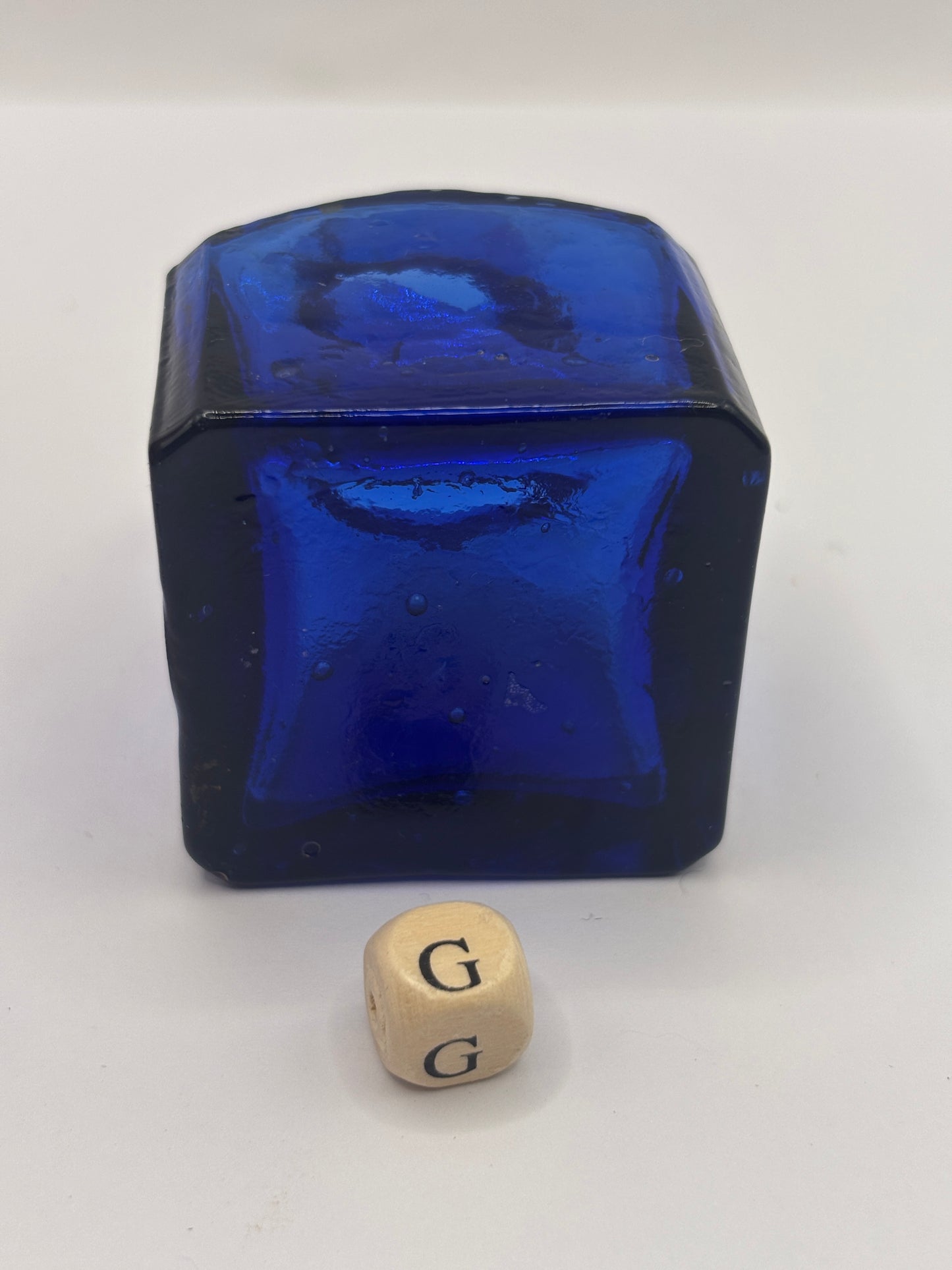 Old blue glass ink bottle, inkwell, penny ink (G)