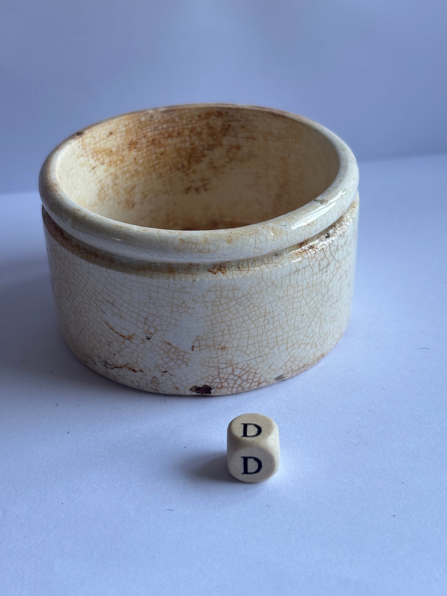 Old stained & crazed stoneware paste pot, Needhams polishing paste (D)