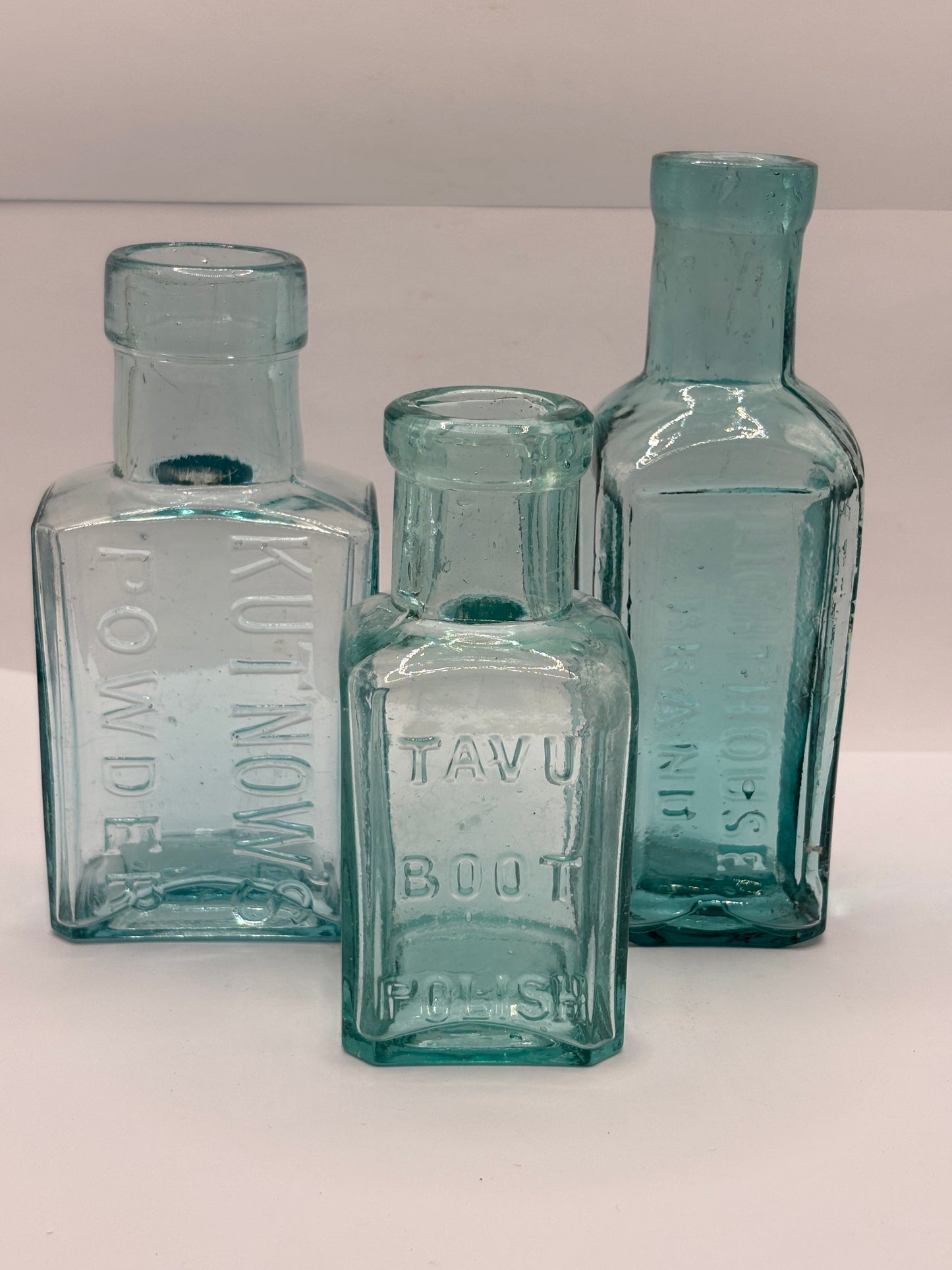 3 old aqua glass advertising chemist bottles