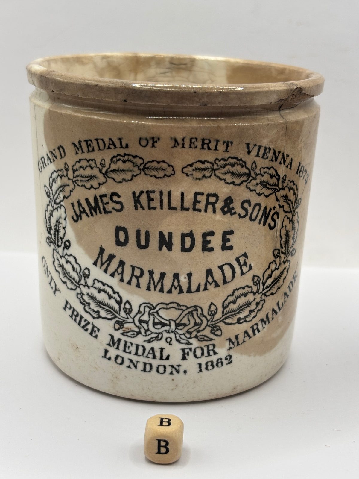 Old 1lb stoneware marmalade pot, James Keiller Dundee marmalade (B)
