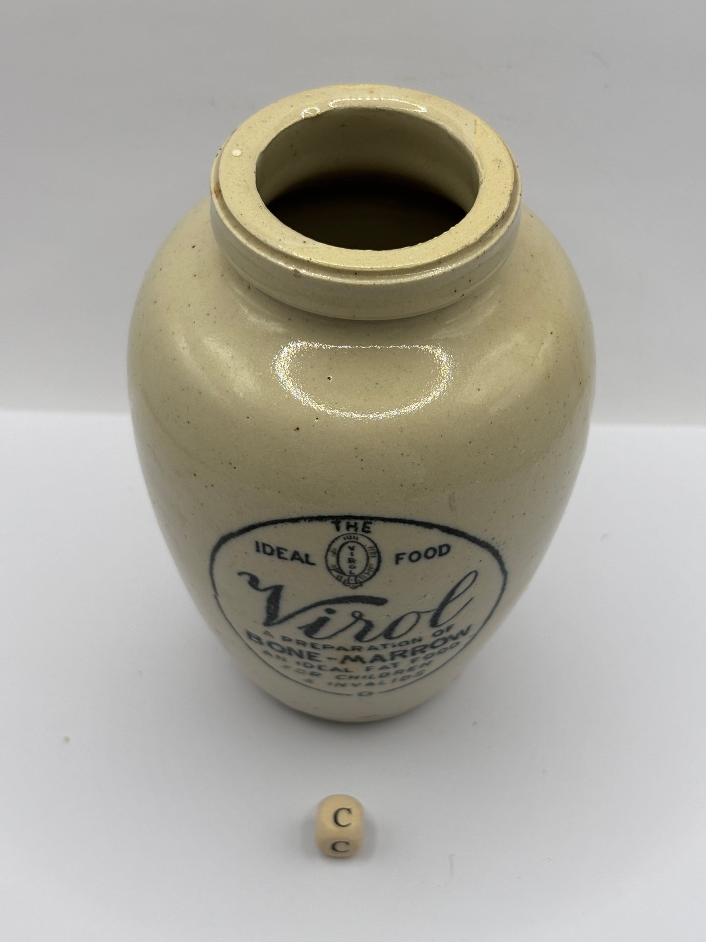 Old stoneware advertising Virol jar 13.5cms (c)