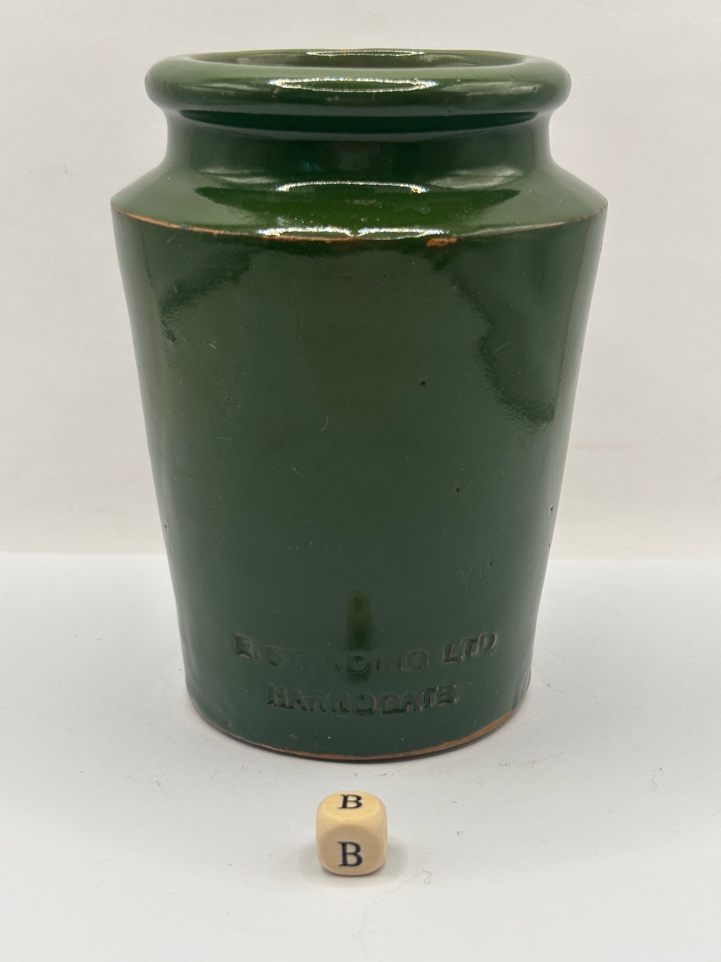 Old green stoneware Harrogate cream pot 11cms (B)