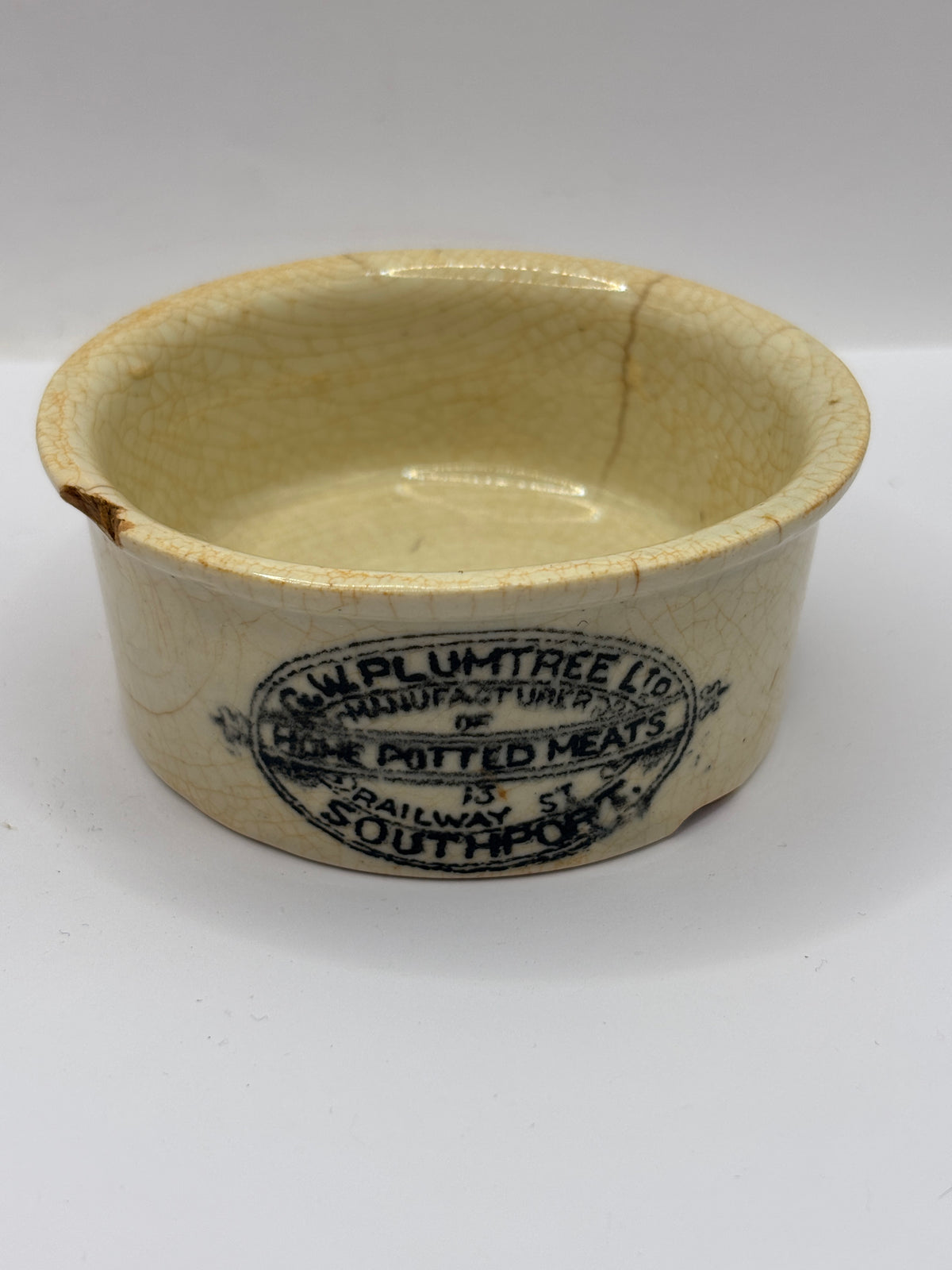 Old advertising meat paste pot, Plumtree home potted meats. Damaged