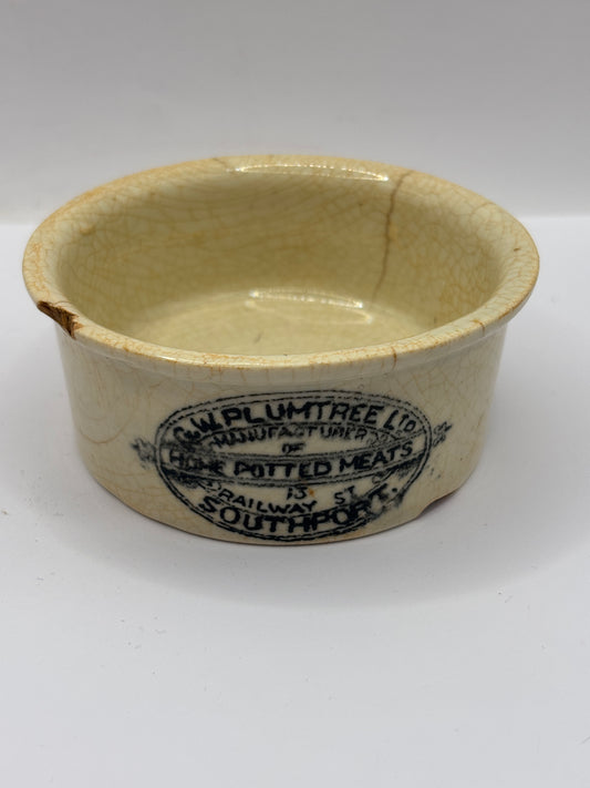 Old advertising meat paste pot, Plumtree home potted meats. Damaged
