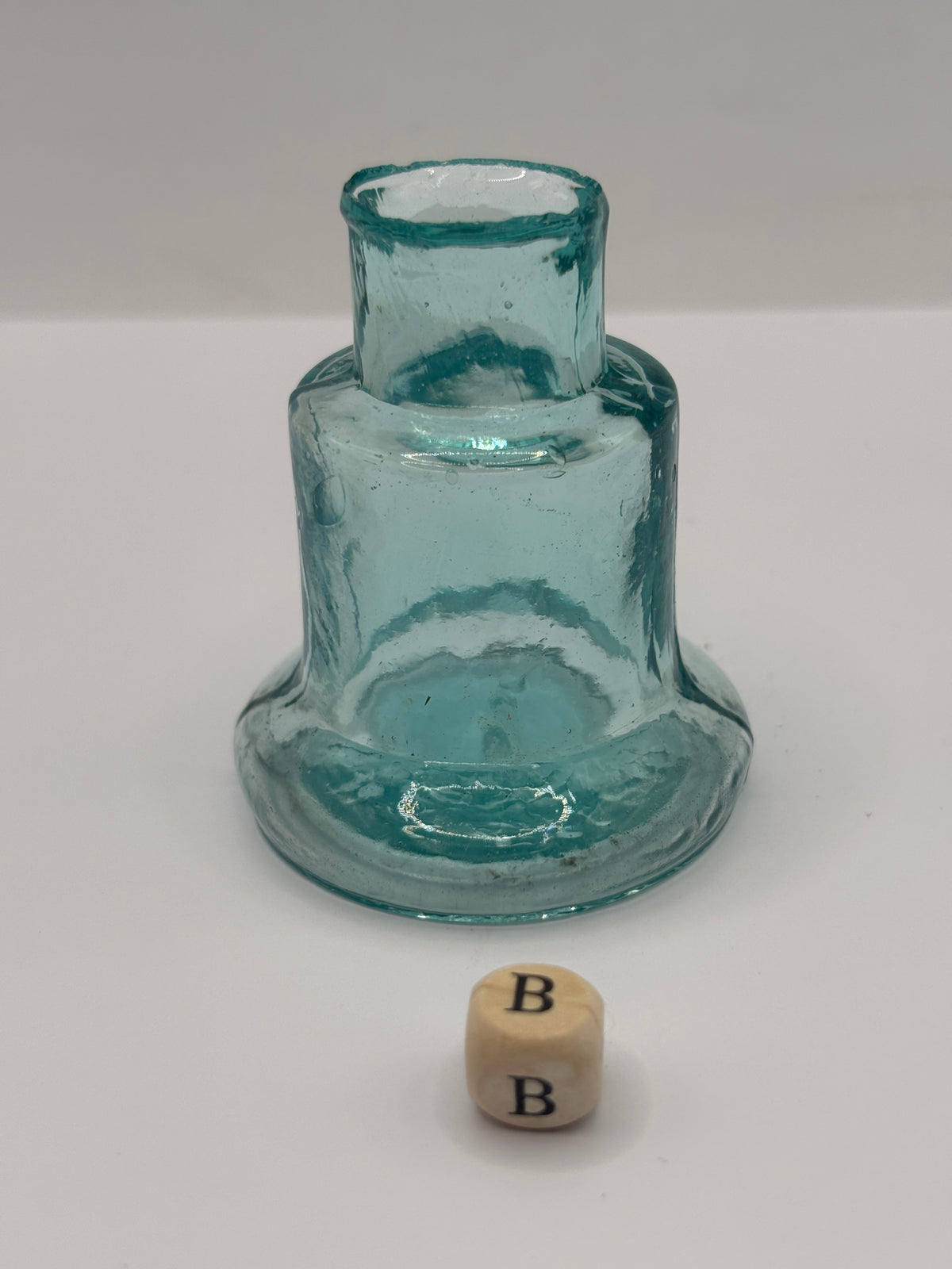 Old aqua glass inkwell, Bell ink. Ink bottle (B) Stephens ink