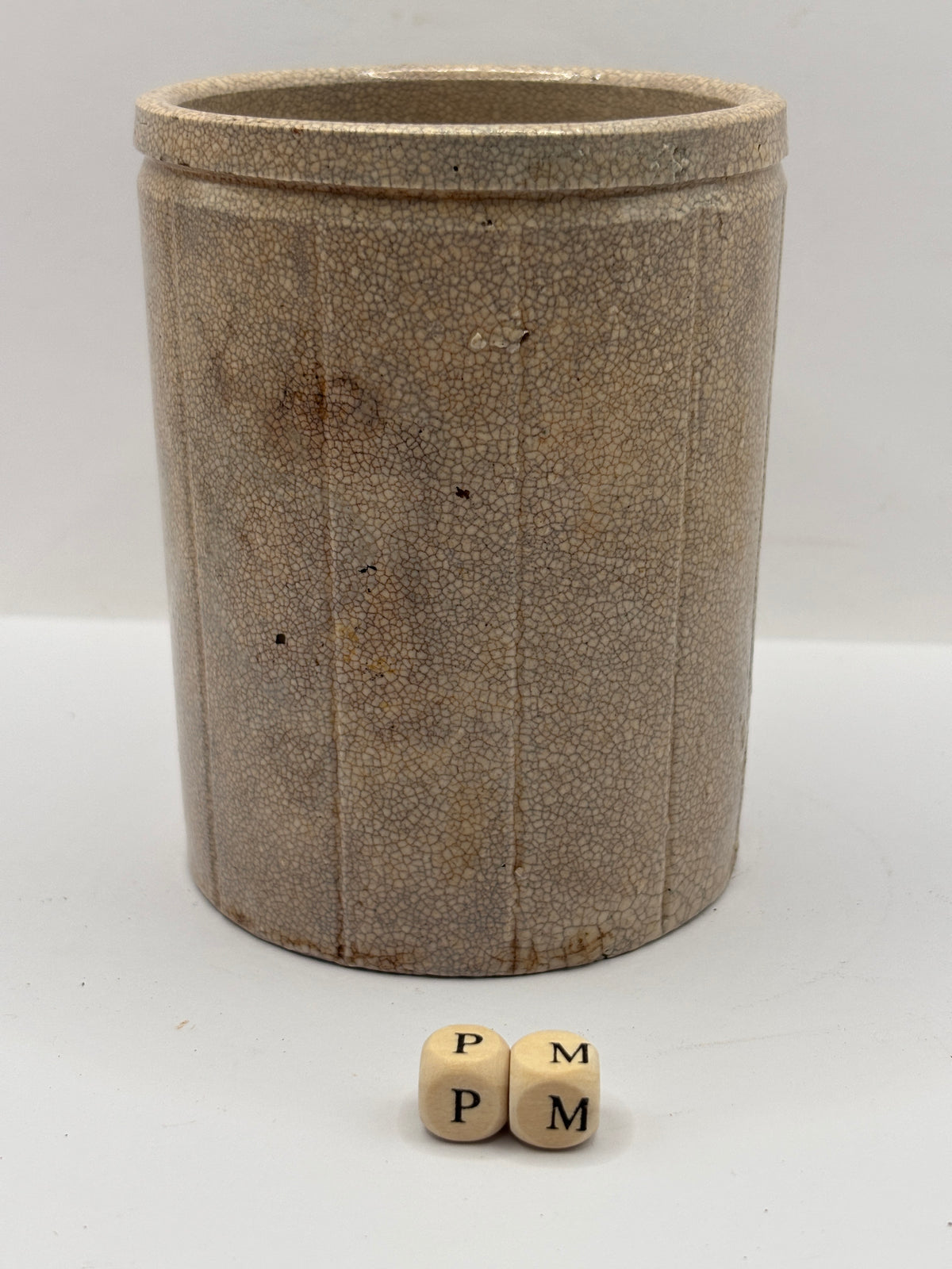 Old 1lb ribbed stoneware jam pot (PM) stained & crazed