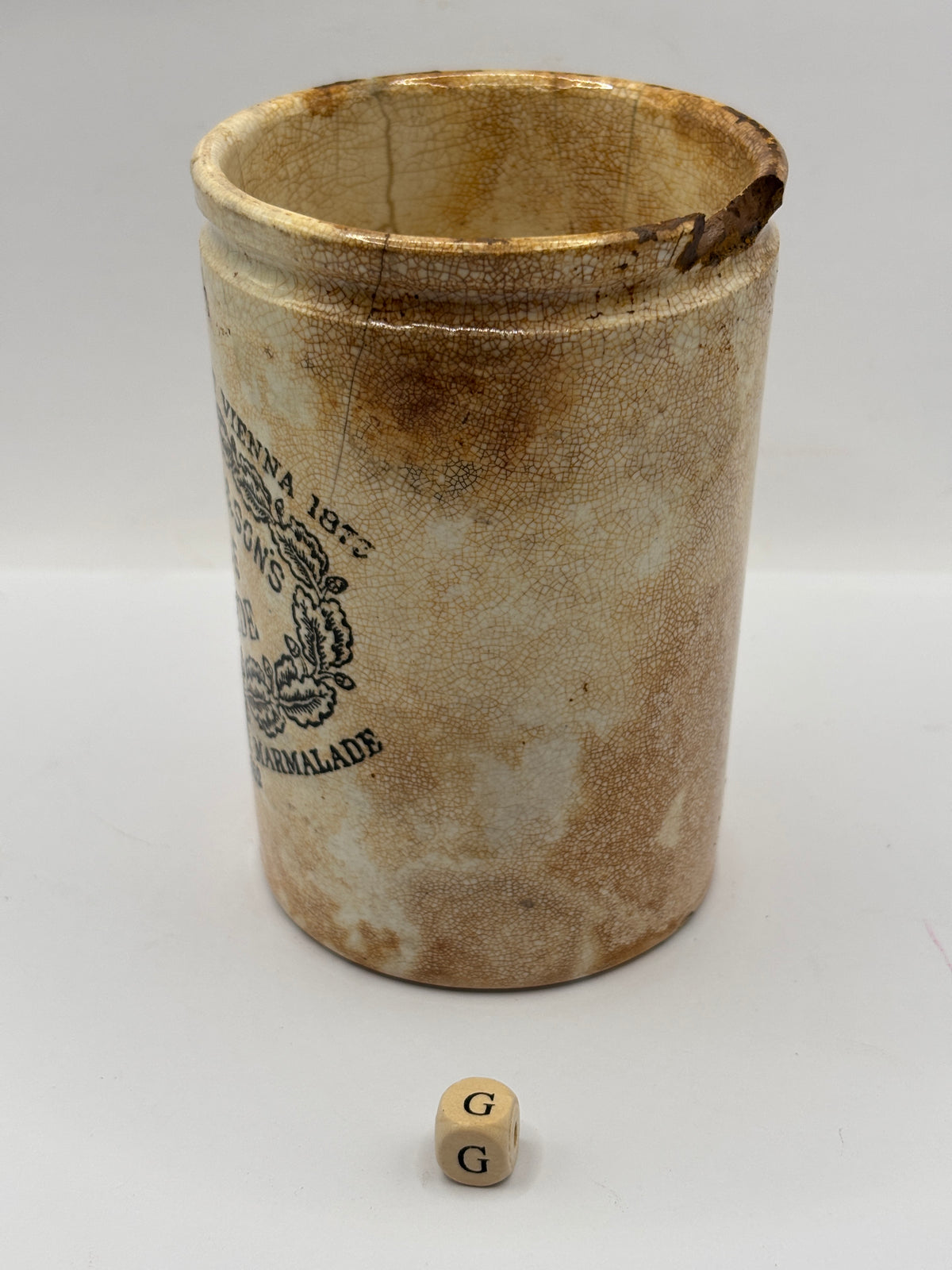 Old 1lb stoneware marmalade pot, James Keiller Dundee marmalade (G)