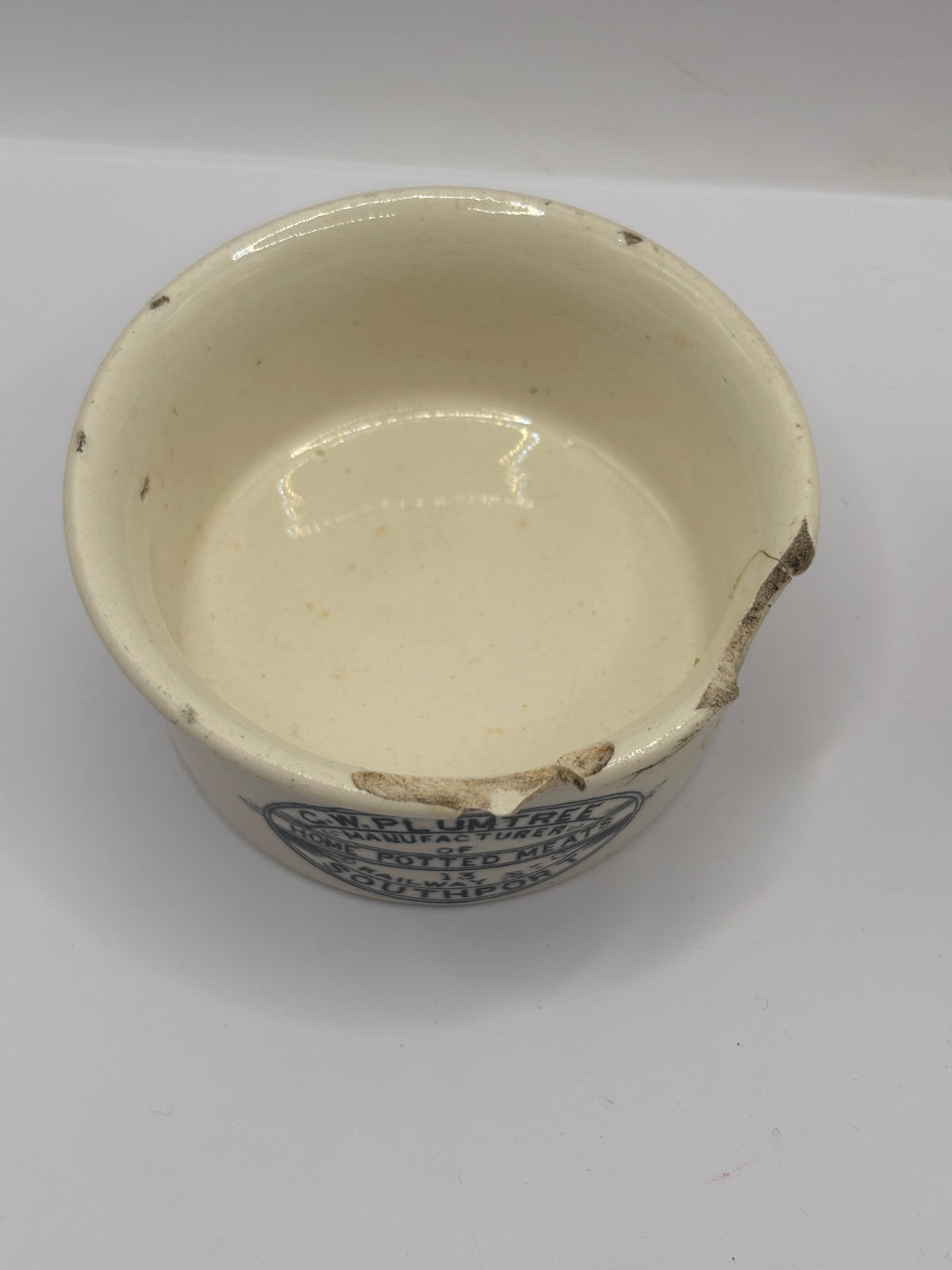 Old advertising meat paste pot, Plumtree home potted meats. Damaged