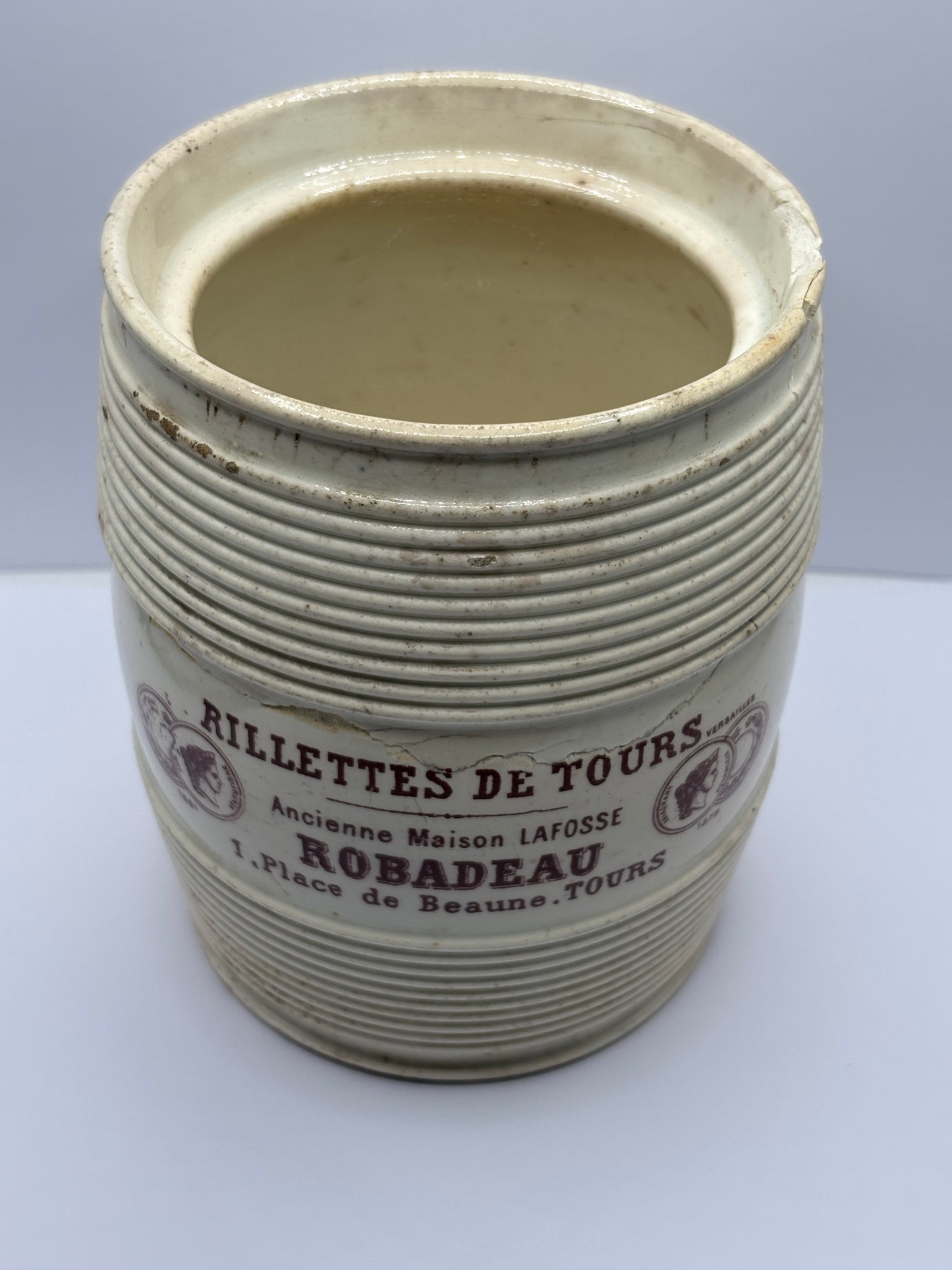Old french stoneware advertising jar, Rillettes de tours. Damaged