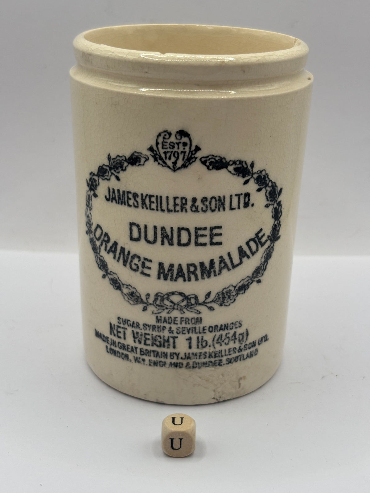 Old 1lb stoneware marmalade pot, James Keiller Dundee marmalade (u)
