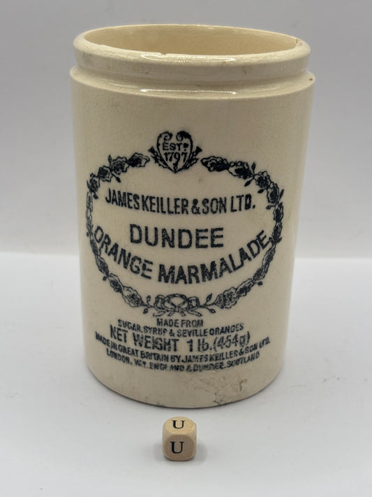 Old 1lb stoneware marmalade pot, James Keiller Dundee marmalade (u)