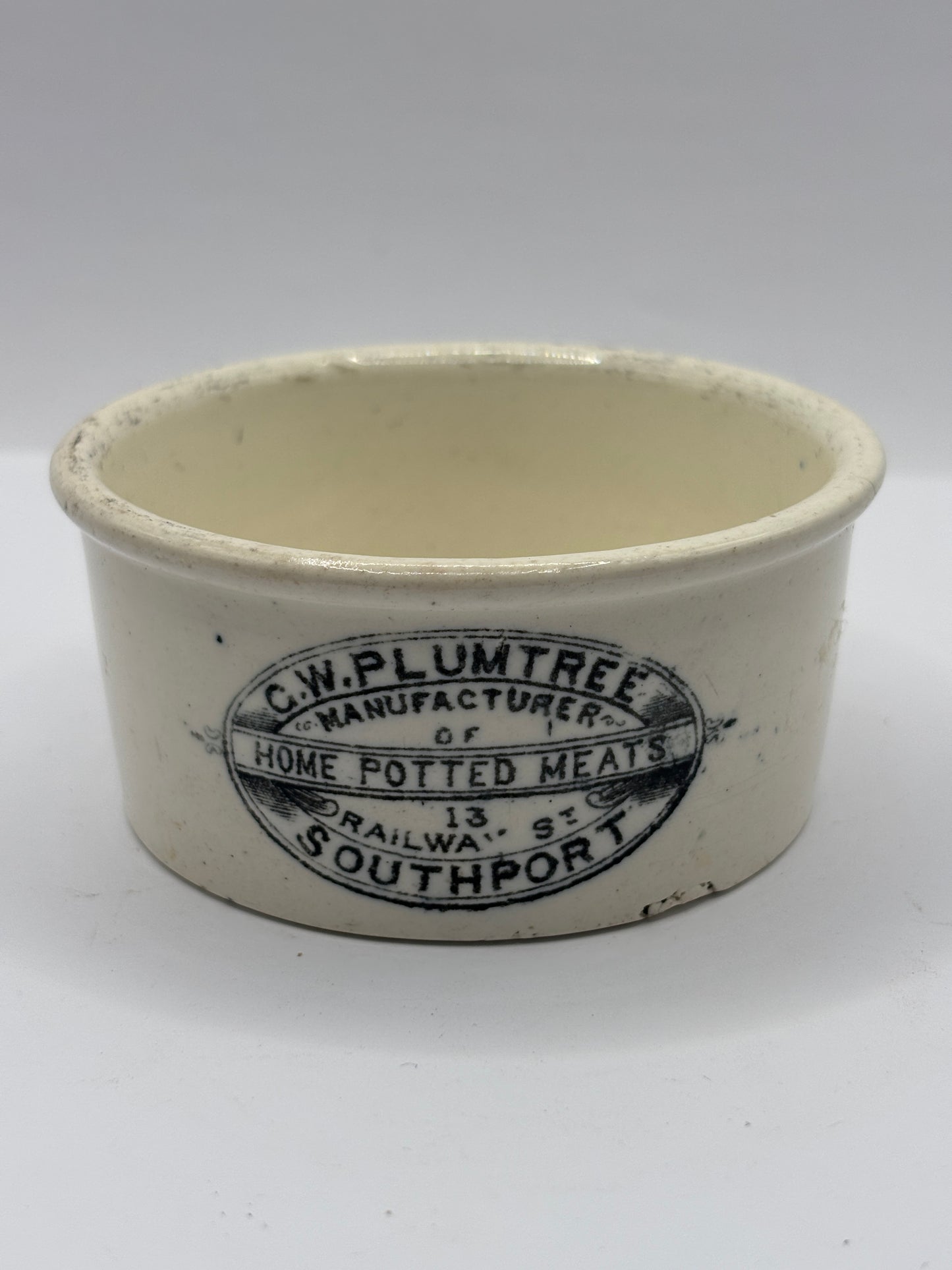 Old Plumtree advertising meat paste pot. Hairline
