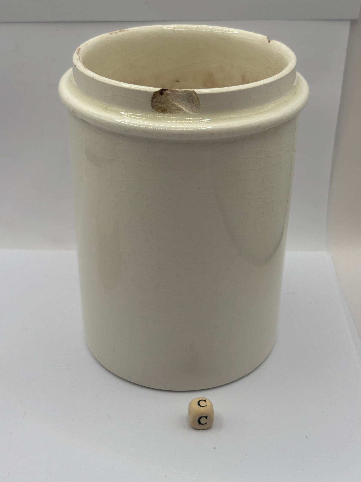 Old large plain white stoneware apothecary jar (c) chippy & stained