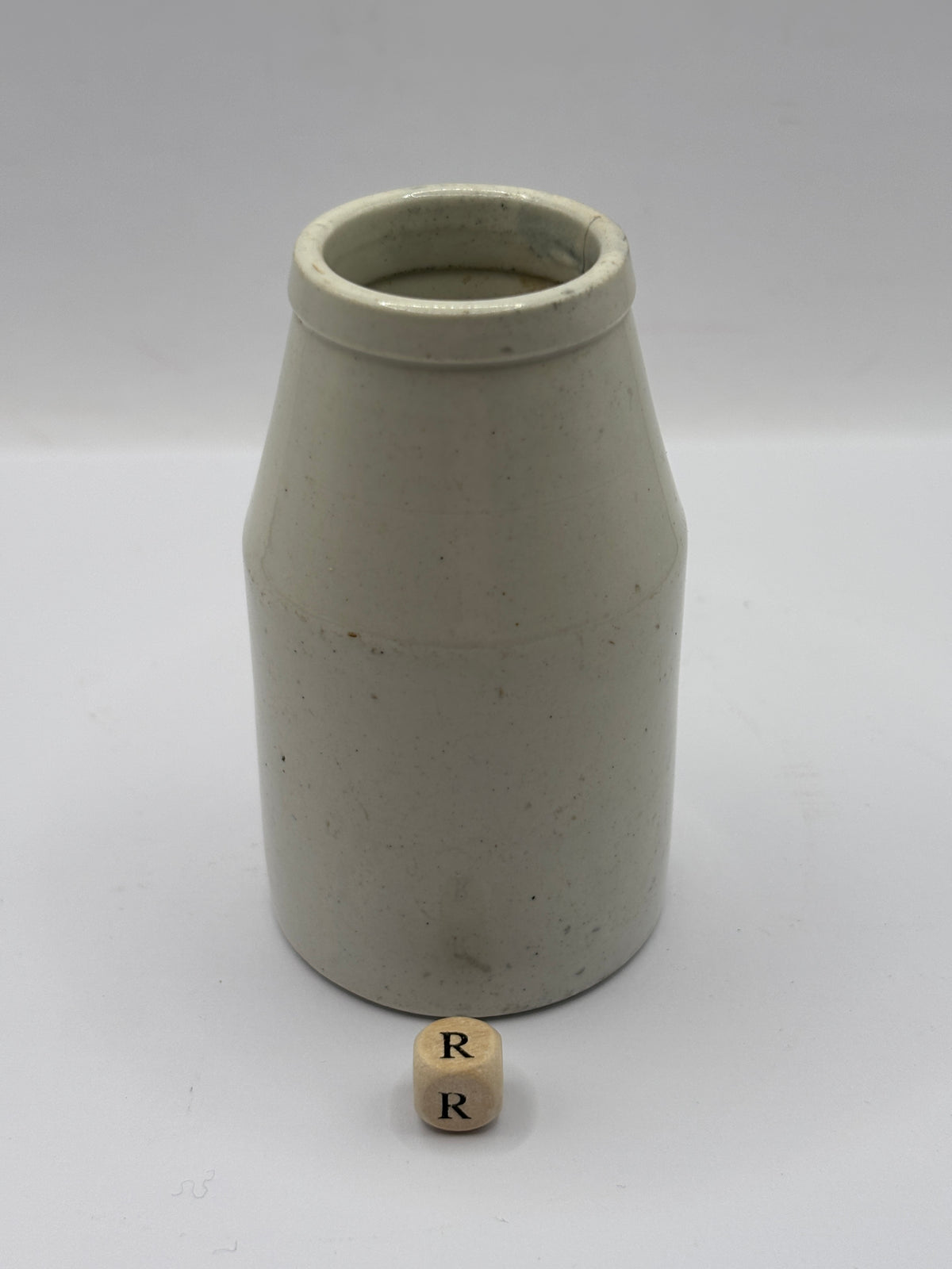 Old plain white stoneware creamer, churn (R)