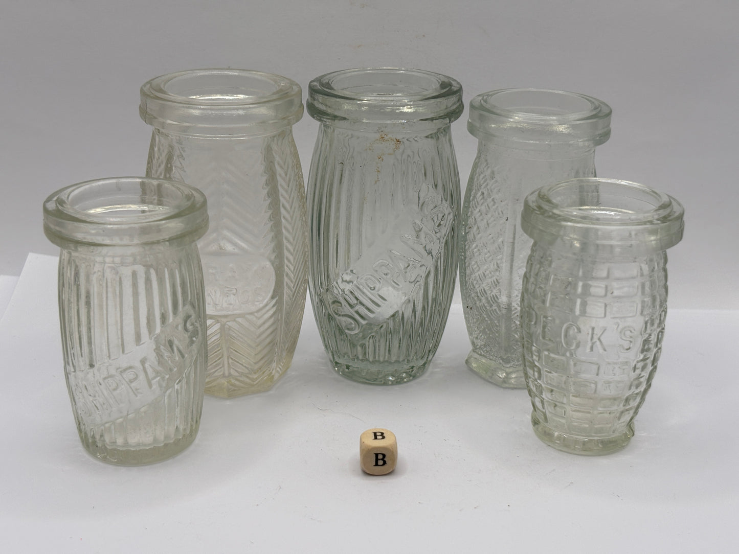5 old clear glass meat paste jars (B)