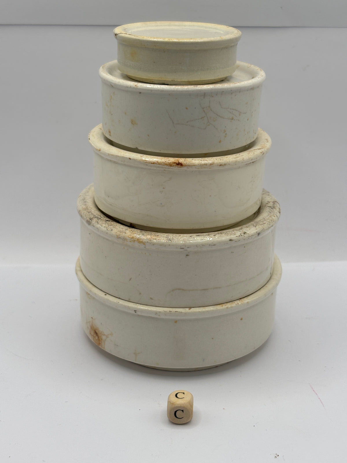 5 old stoneware pot lid bases, stackers (c)