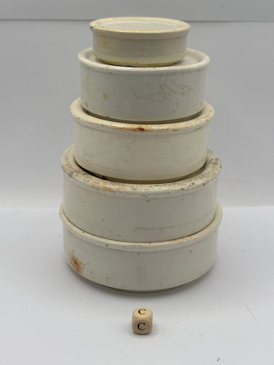 5 old stoneware pot lid bases, stackers (c)
