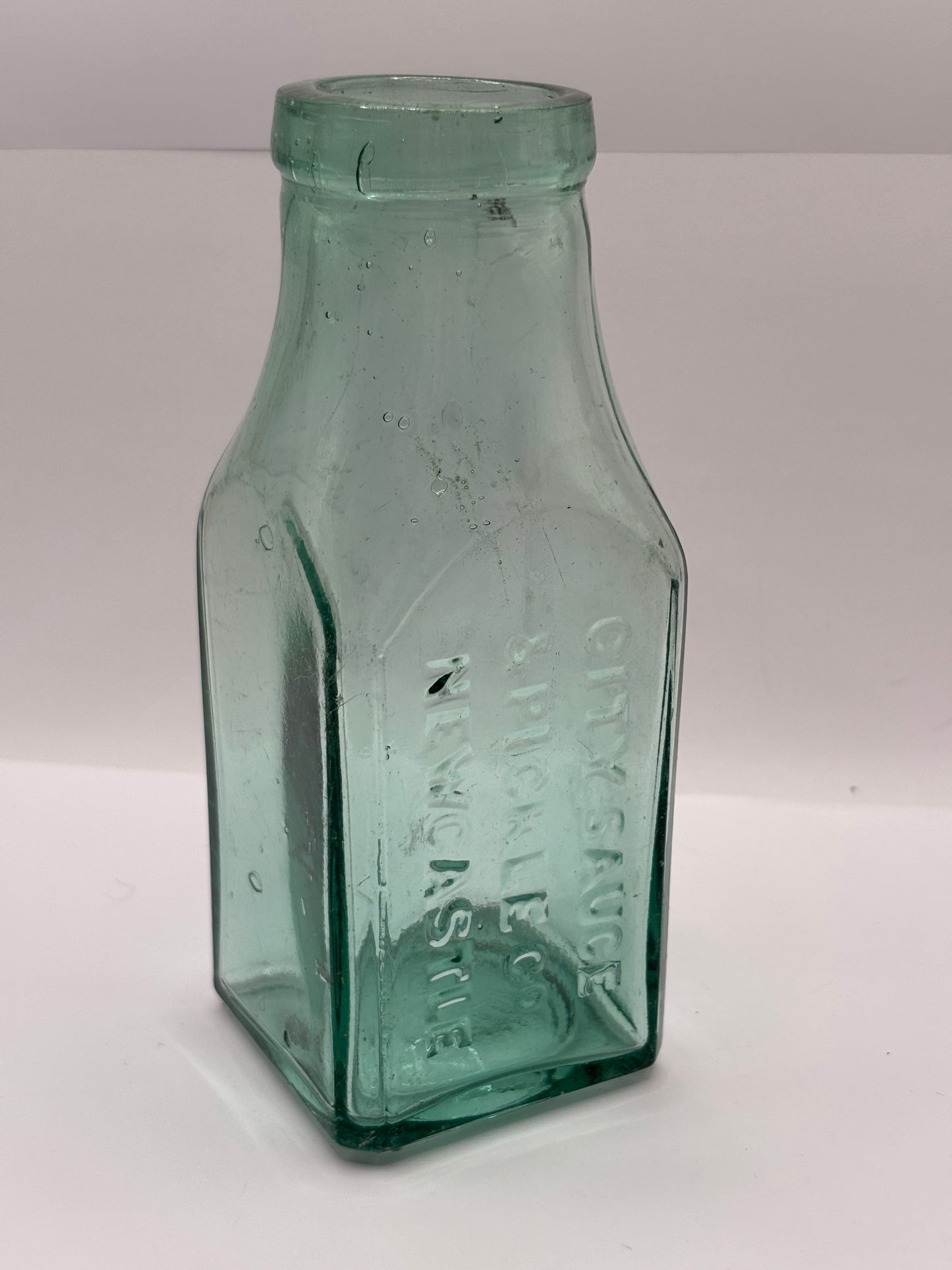 Old aqua glass advertising pickle jar, preserve. City sauce