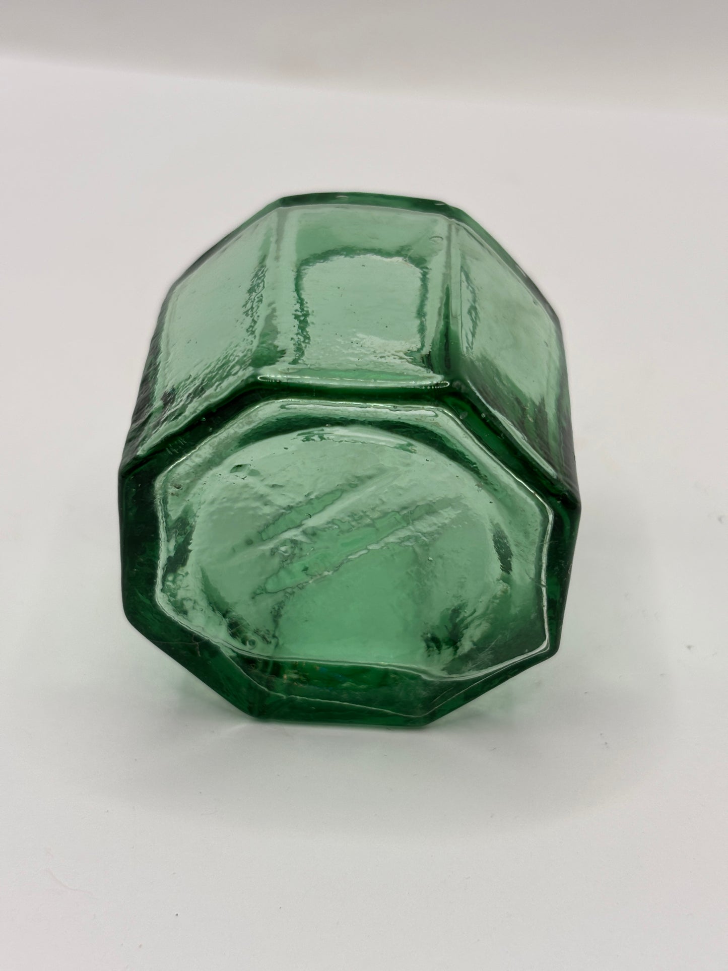 Old green glass ink bottle, inkwell, penny ink