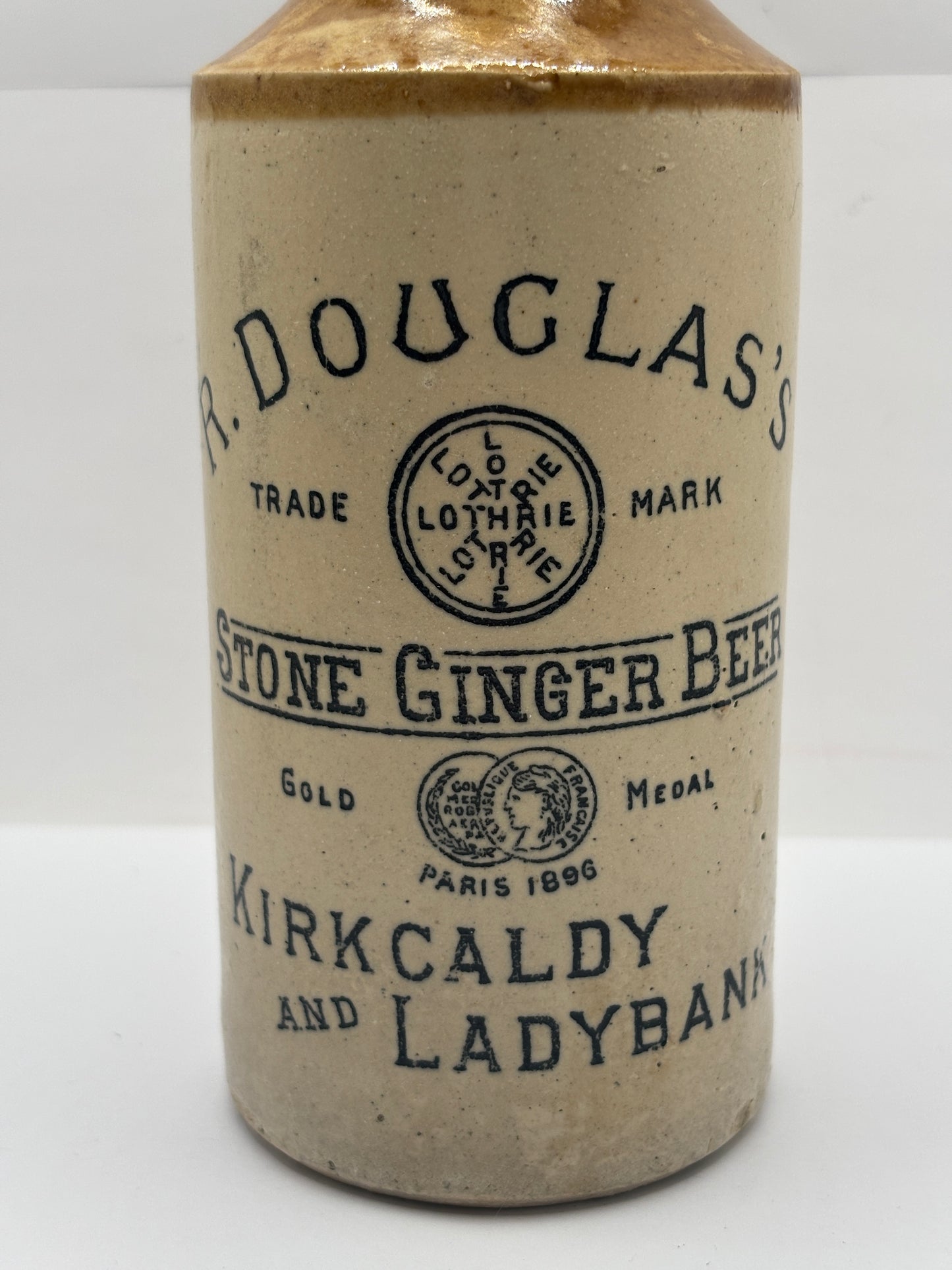 Old stoneware ginger beer bottle, R Douglas’s Kirkcaldy & Ladybank