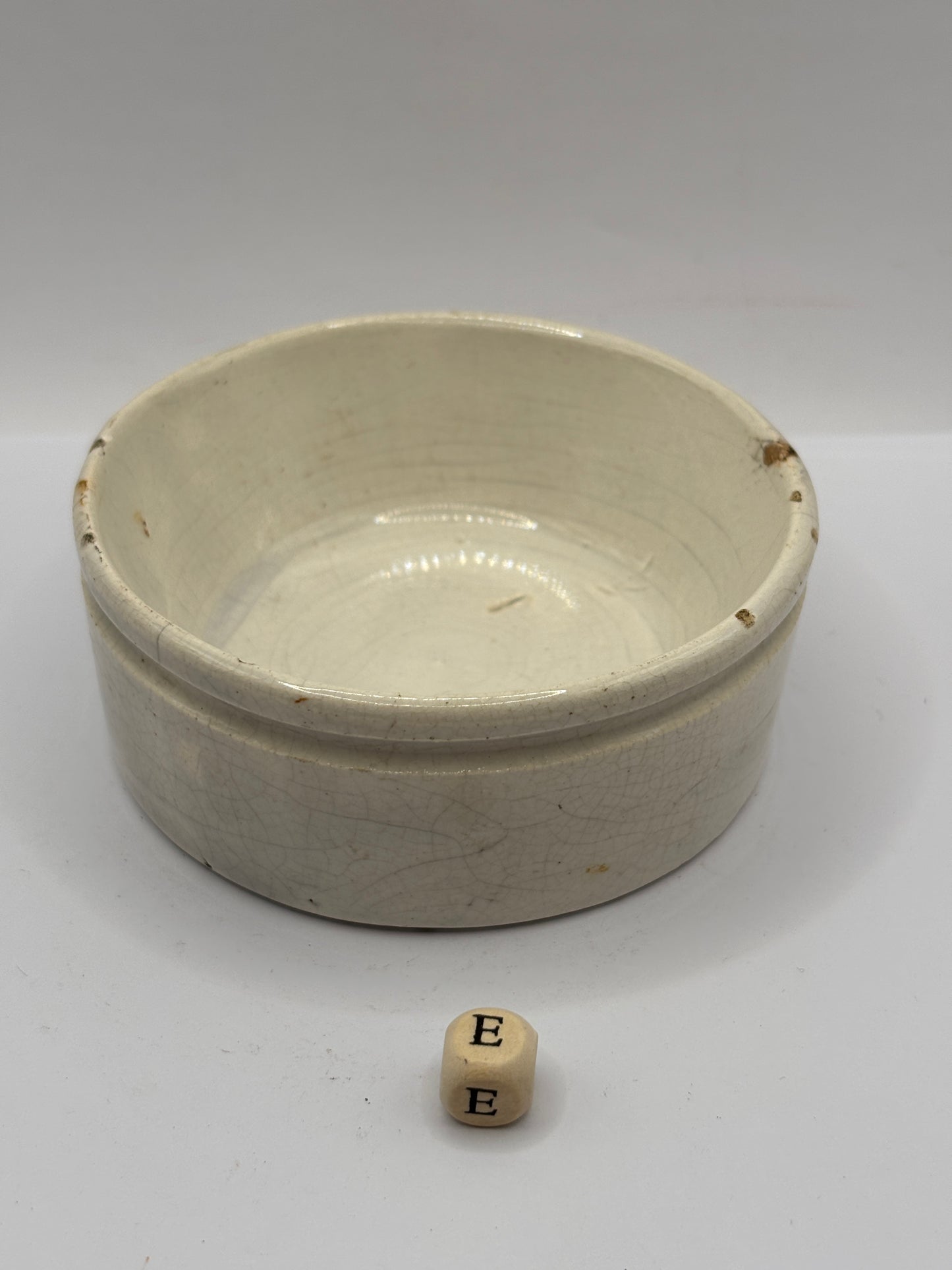 Old plain stoneware meat paste pot (e) stained & crazed, chipped