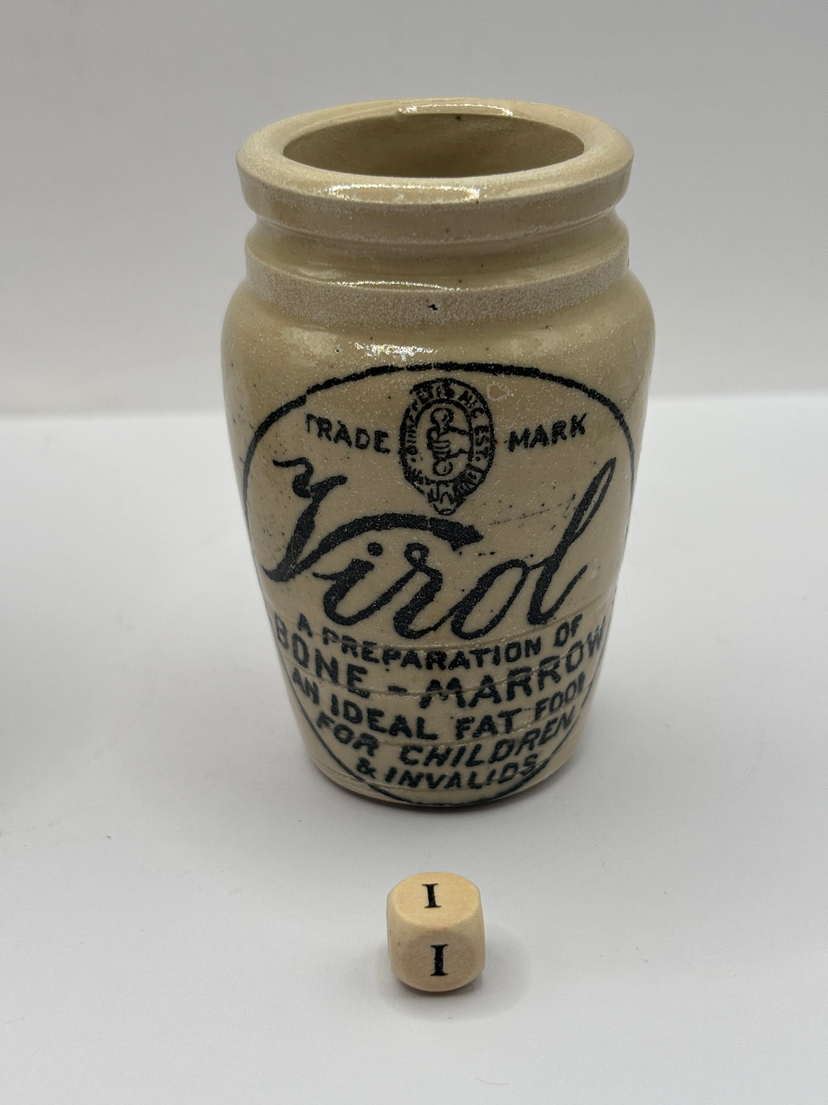 Old advertising stoneware Virol pot (i)