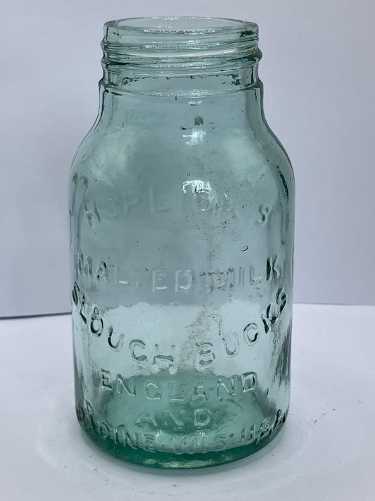 Small aqua glass Horlicks jar