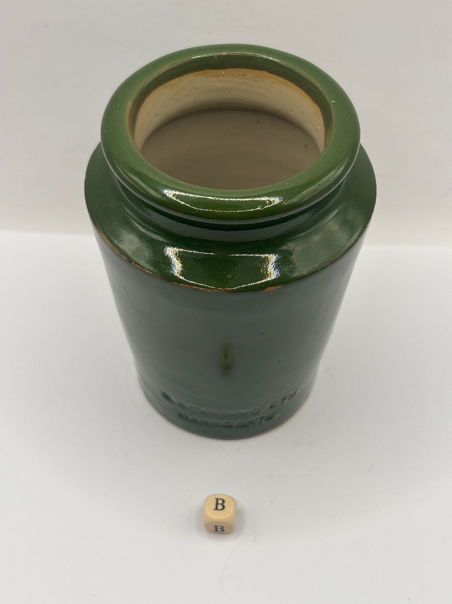 Old green stoneware Harrogate cream pot 11cms (B)