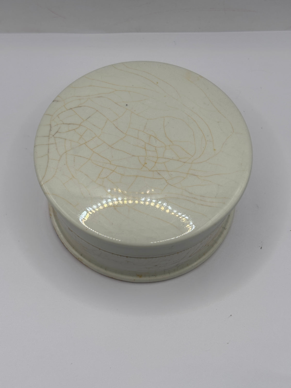Old plain stoneware lidded pot, pot lid and base